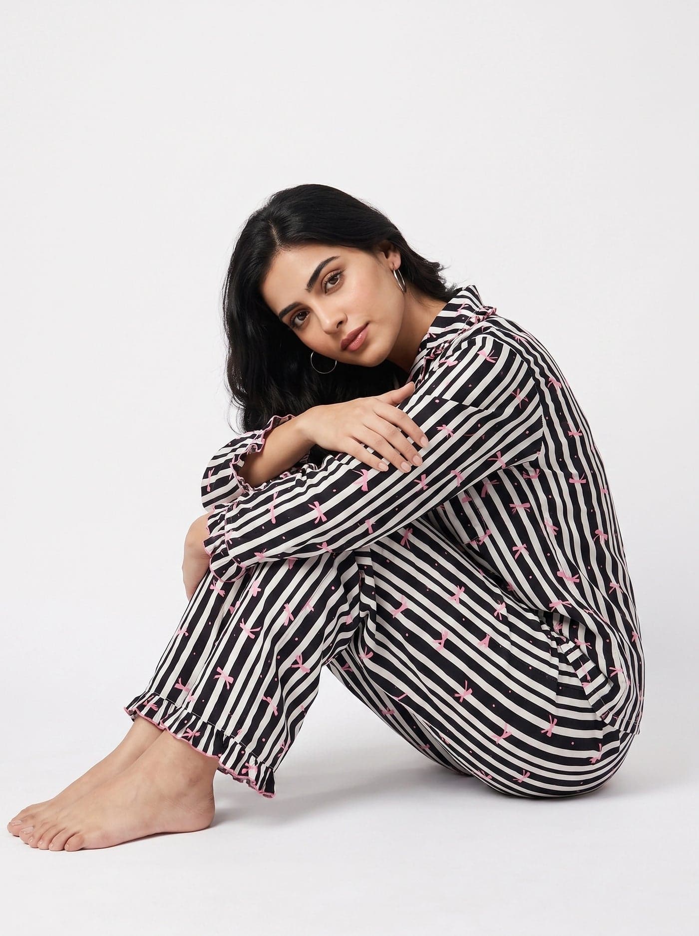 Black Bow Striped Linen PJ Set for Women - view 8