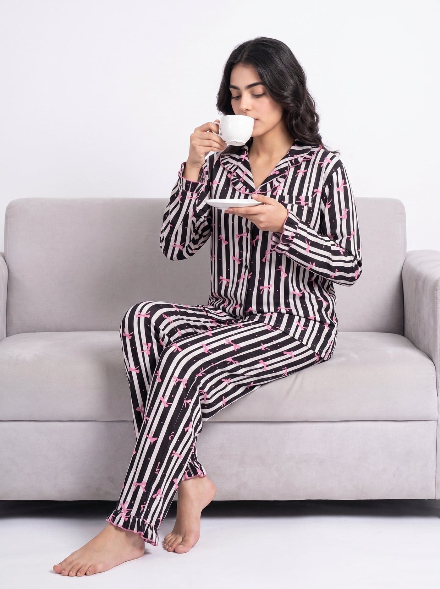 Black Bow Striped Linen PJ Set for Women - view 9