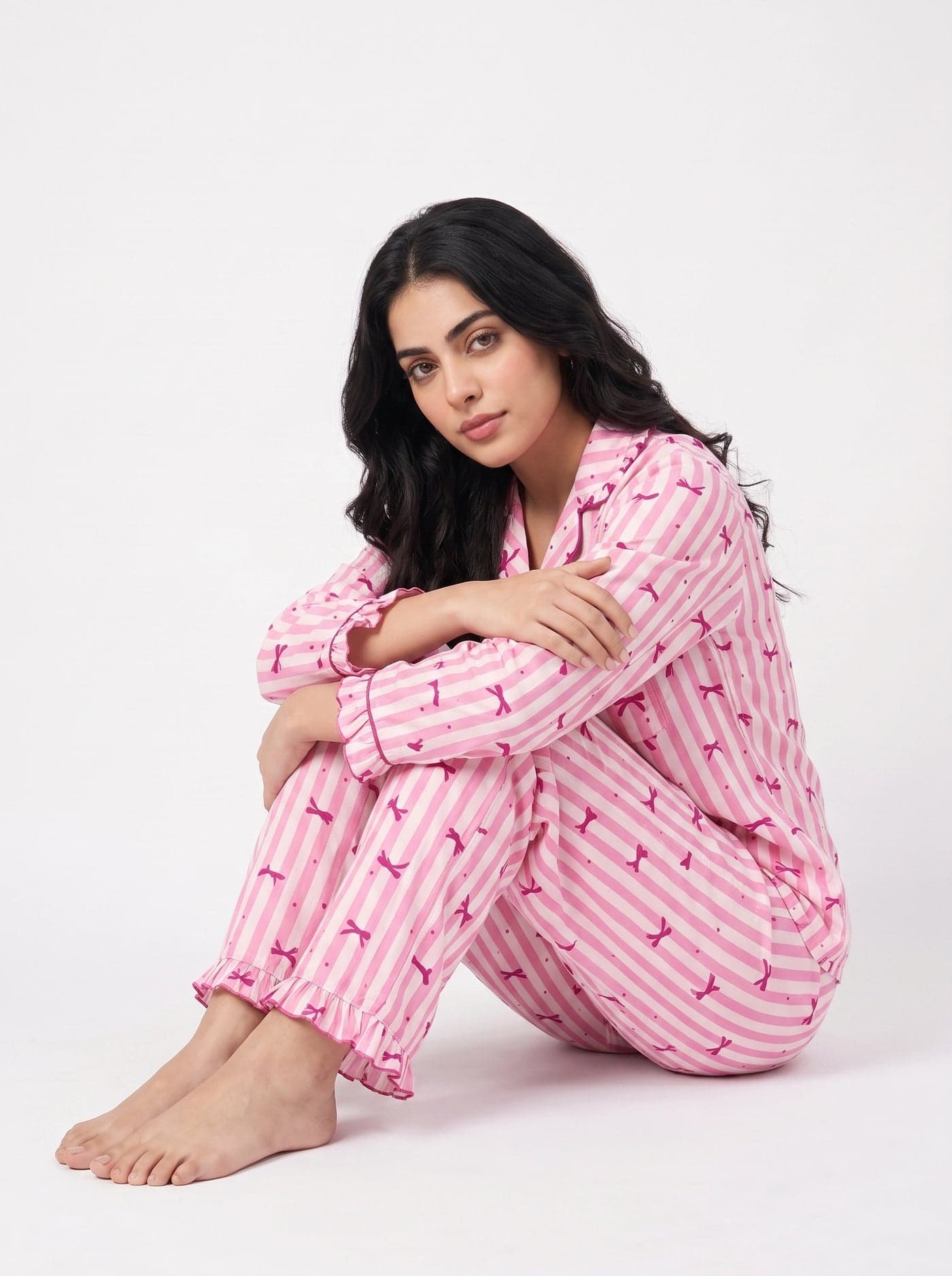 Pink and White Bow Striped Linen PJ Set for Women - view 10