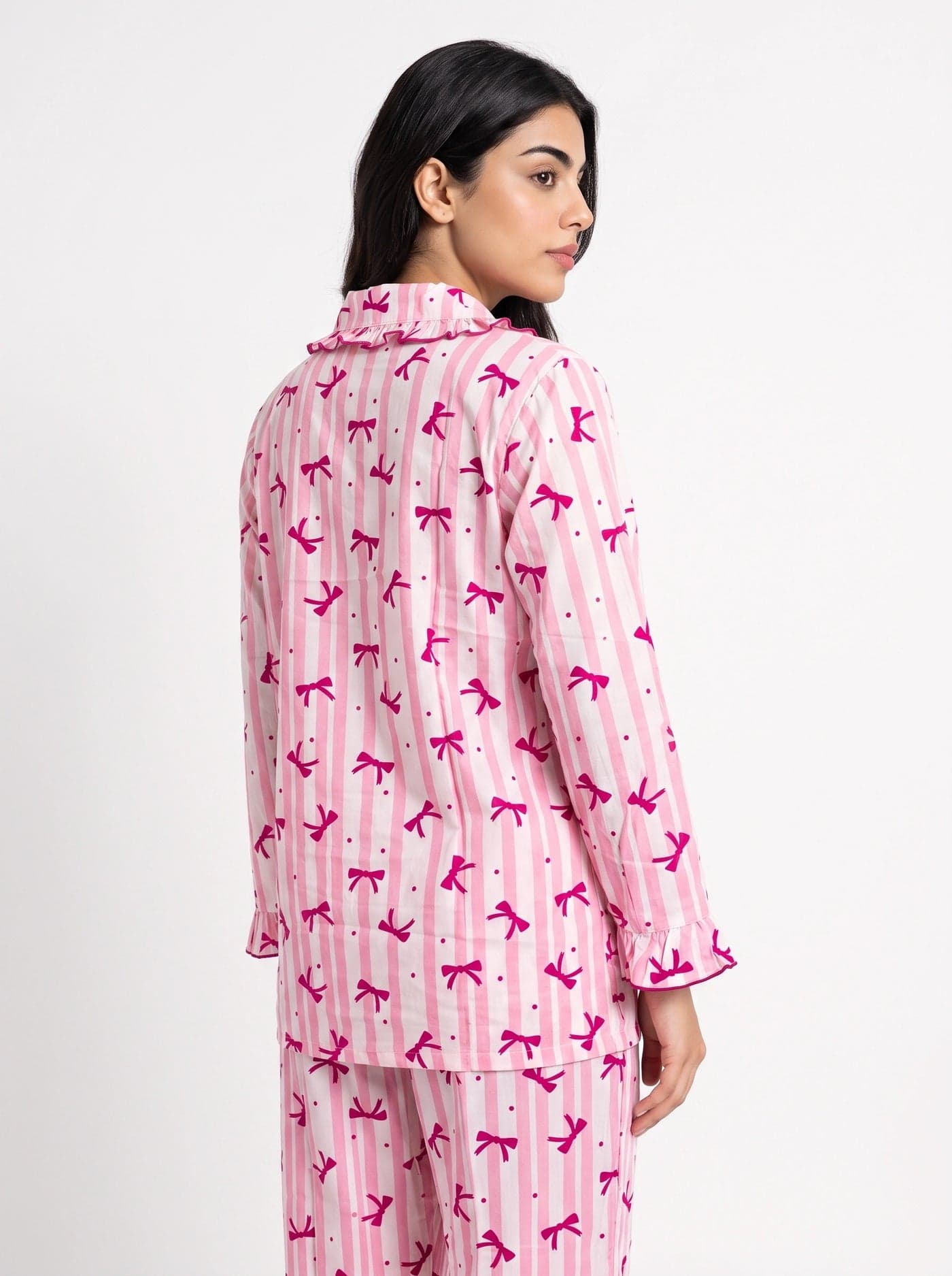 Pink and White Bow Striped Linen PJ Set for Women - view 2