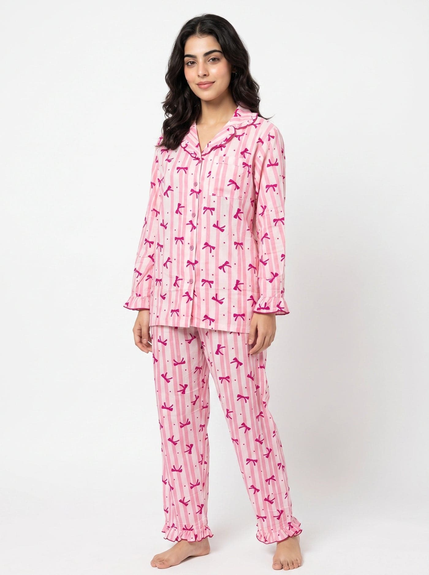 Pink and White Bow Striped Linen PJ Set for Women - view 3