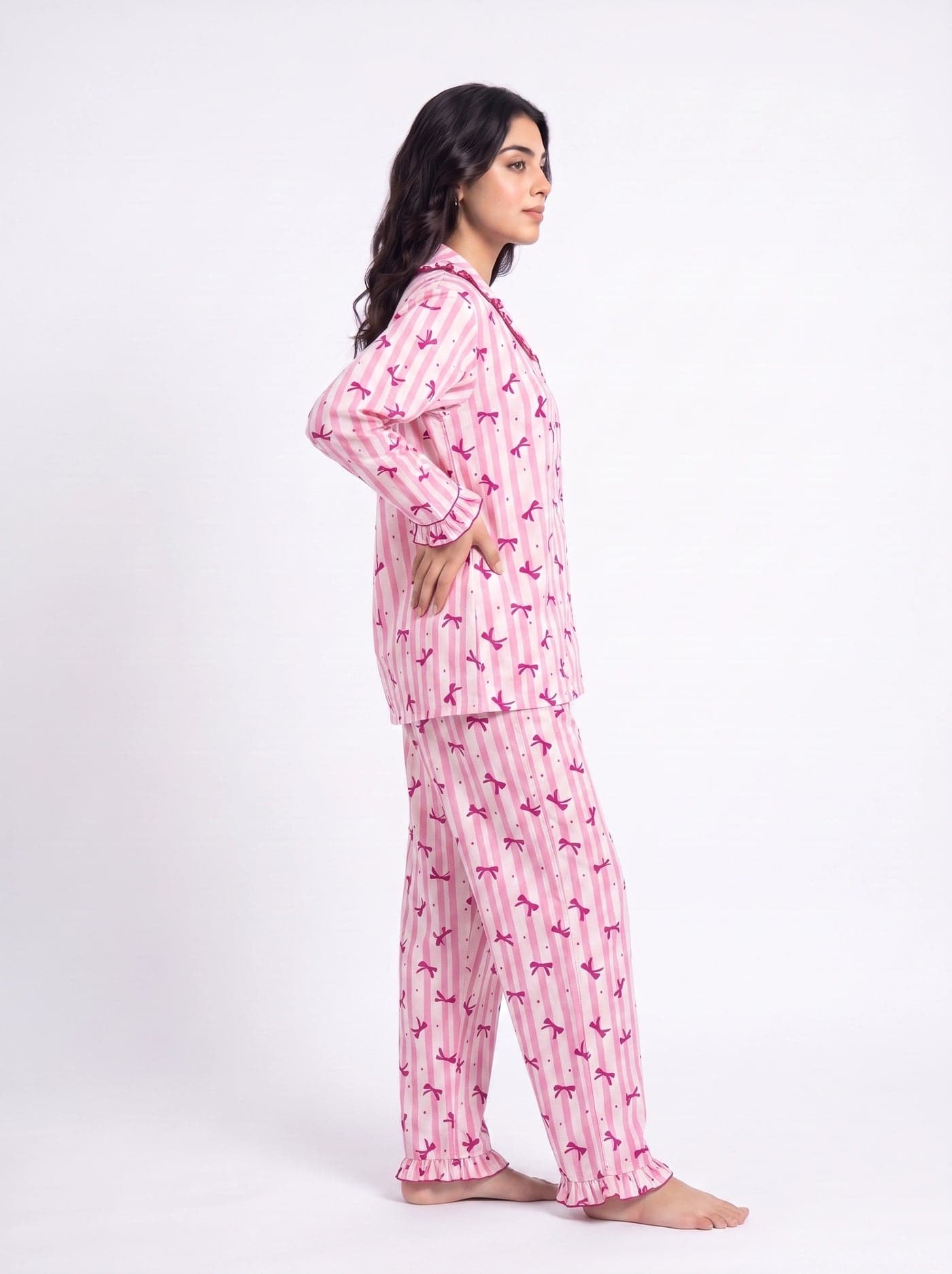 Pink and White Bow Striped Linen PJ Set for Women - view 4