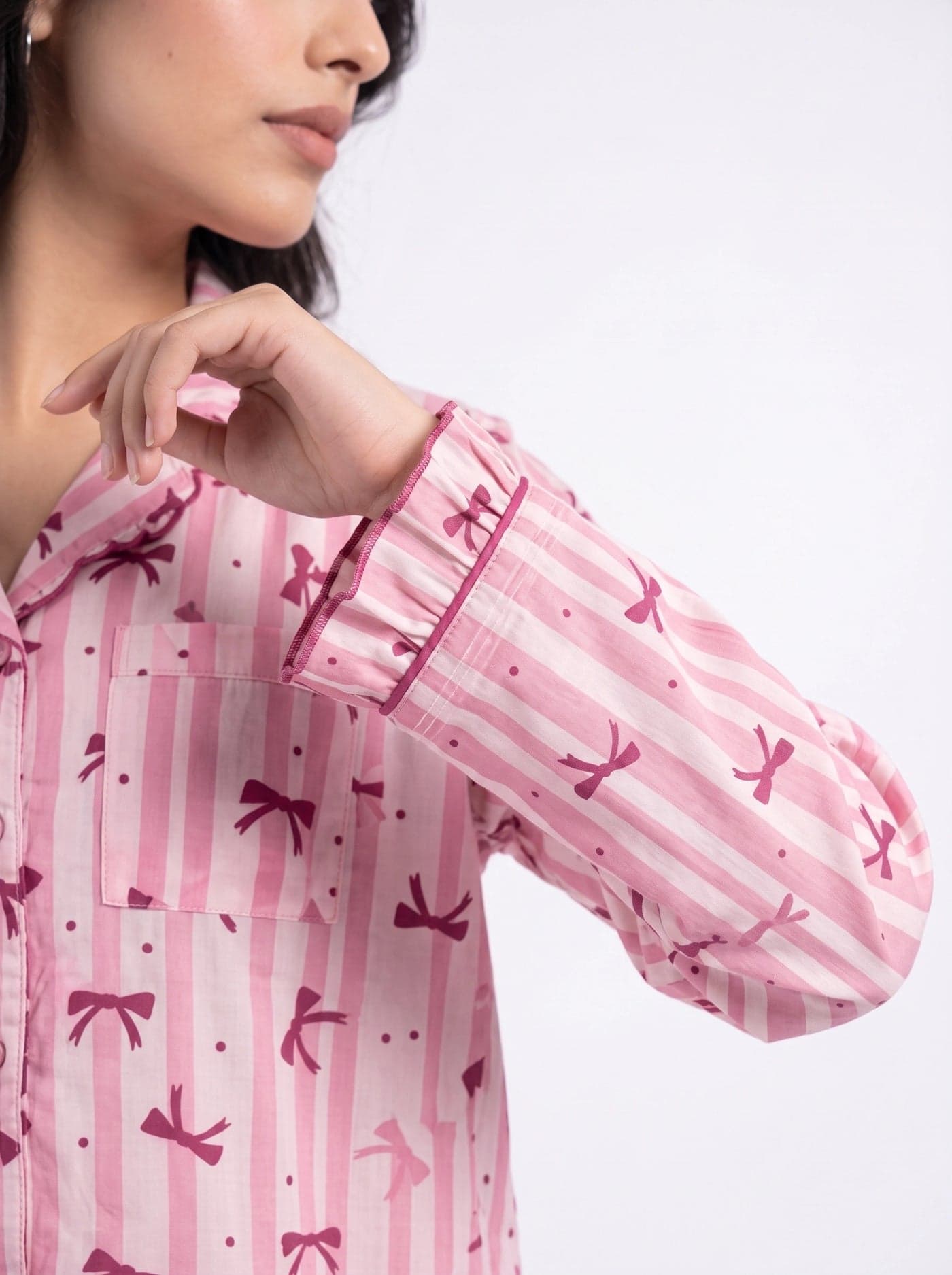 Pink and White Bow Striped Linen PJ Set for Women - view 6