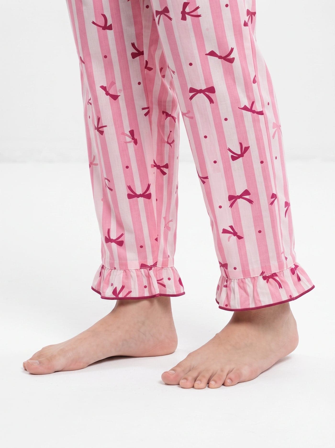 Pink and White Bow Striped Linen PJ Set for Women - view 7