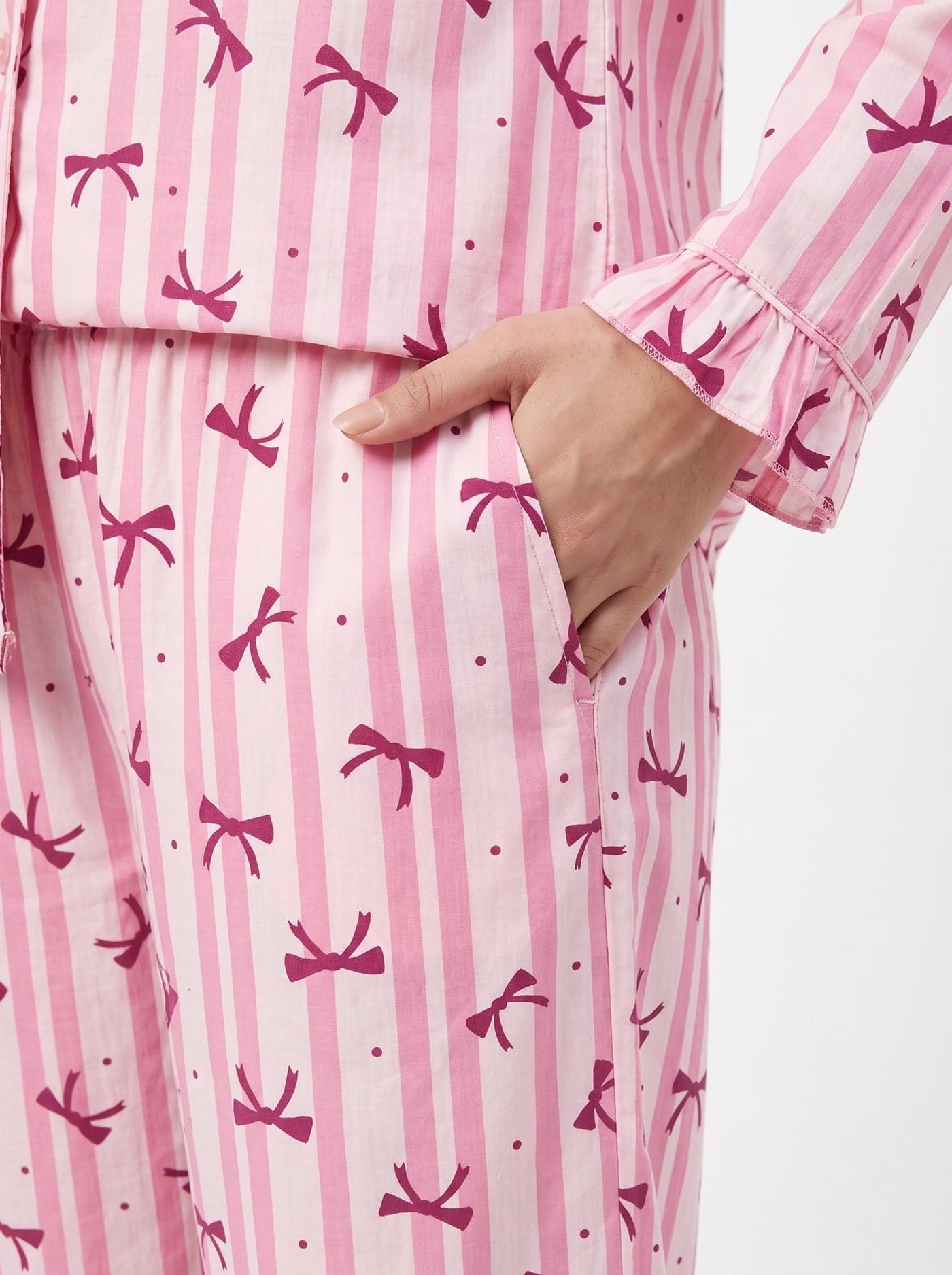Pink and White Bow Striped Linen PJ Set for Women - view 8