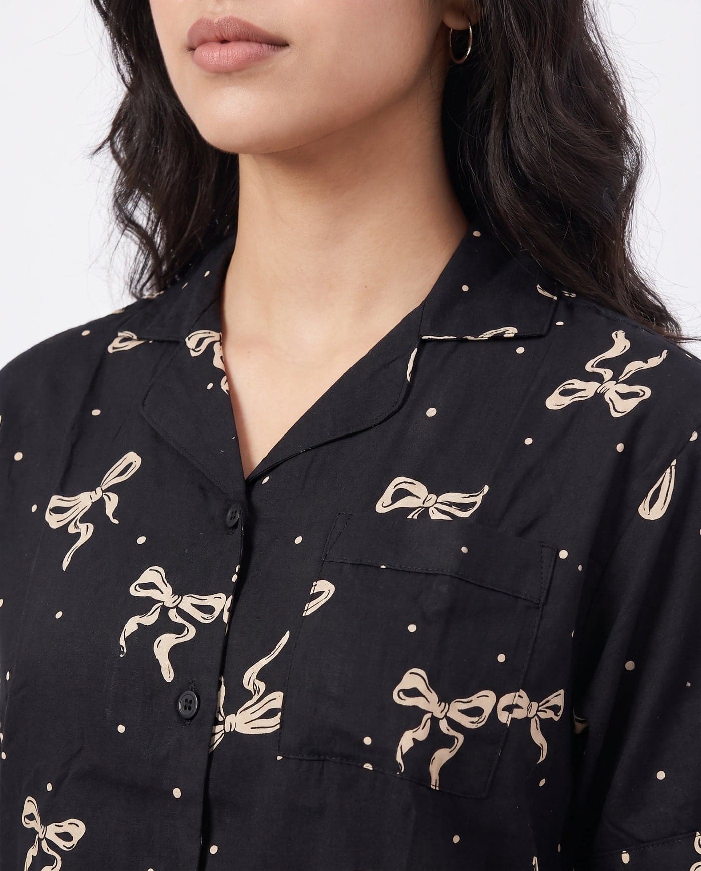 Black and Cream Bow Print Half Sleeve Linen PJ Set for Women - view 2