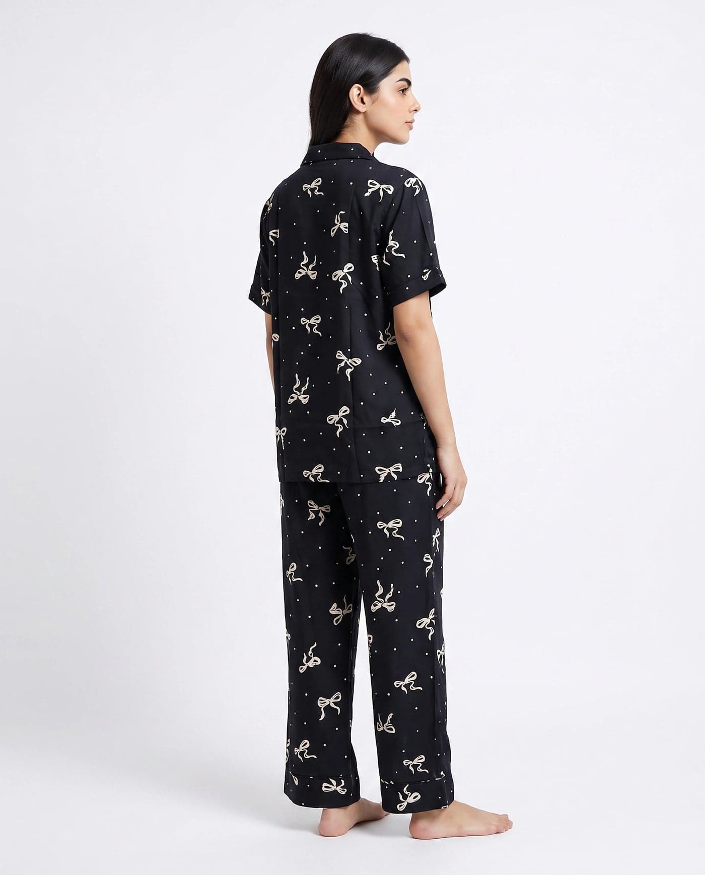 Black and Cream Bow Print Half Sleeve Linen PJ Set for Women - view 3