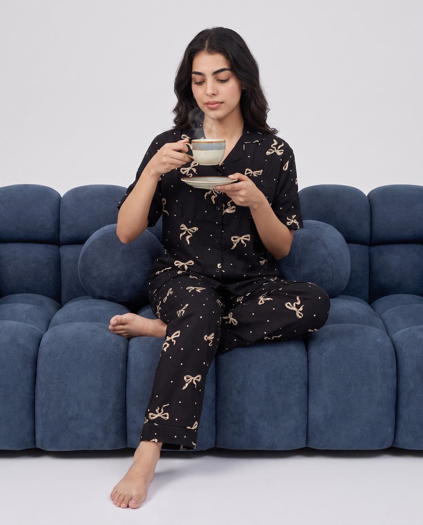 Black and Cream Bow Print Half Sleeve Linen PJ Set for Women - view 4