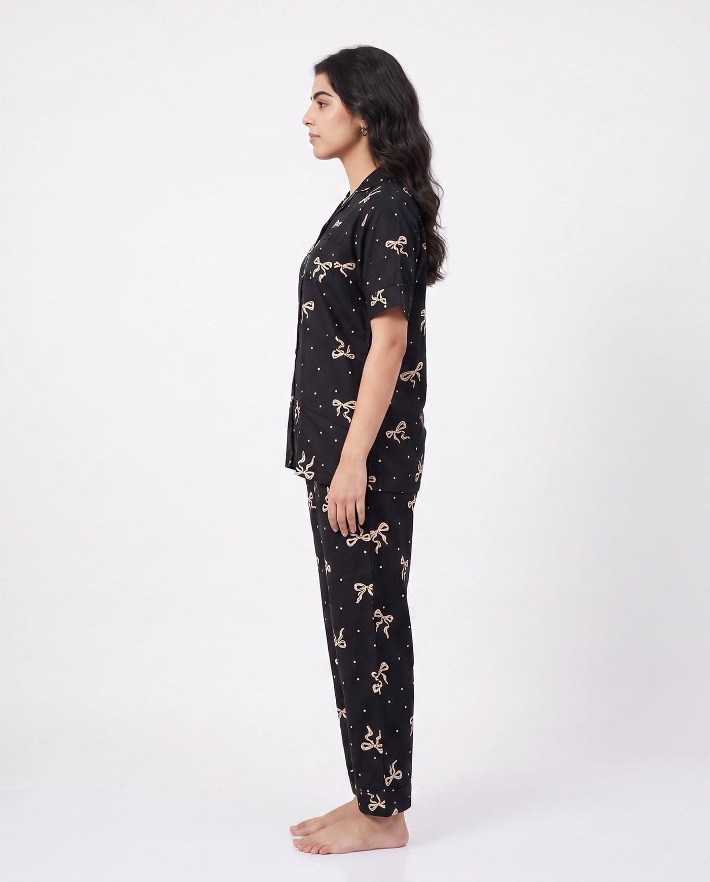 Black and Cream Bow Print Half Sleeve Linen PJ Set for Women - view 5