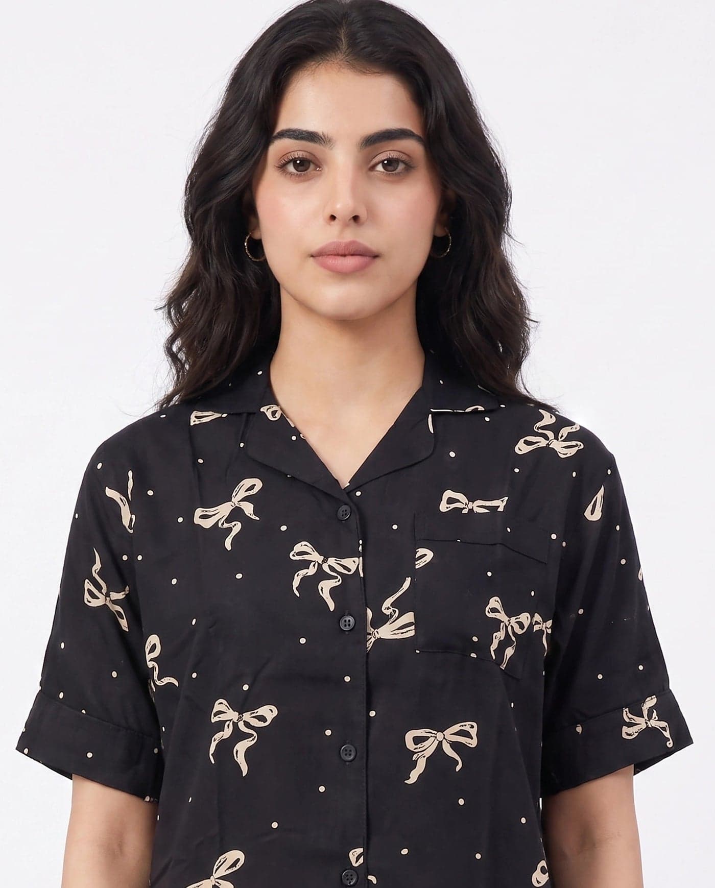 Black and Cream Bow Print Half Sleeve Linen PJ Set for Women - view 6