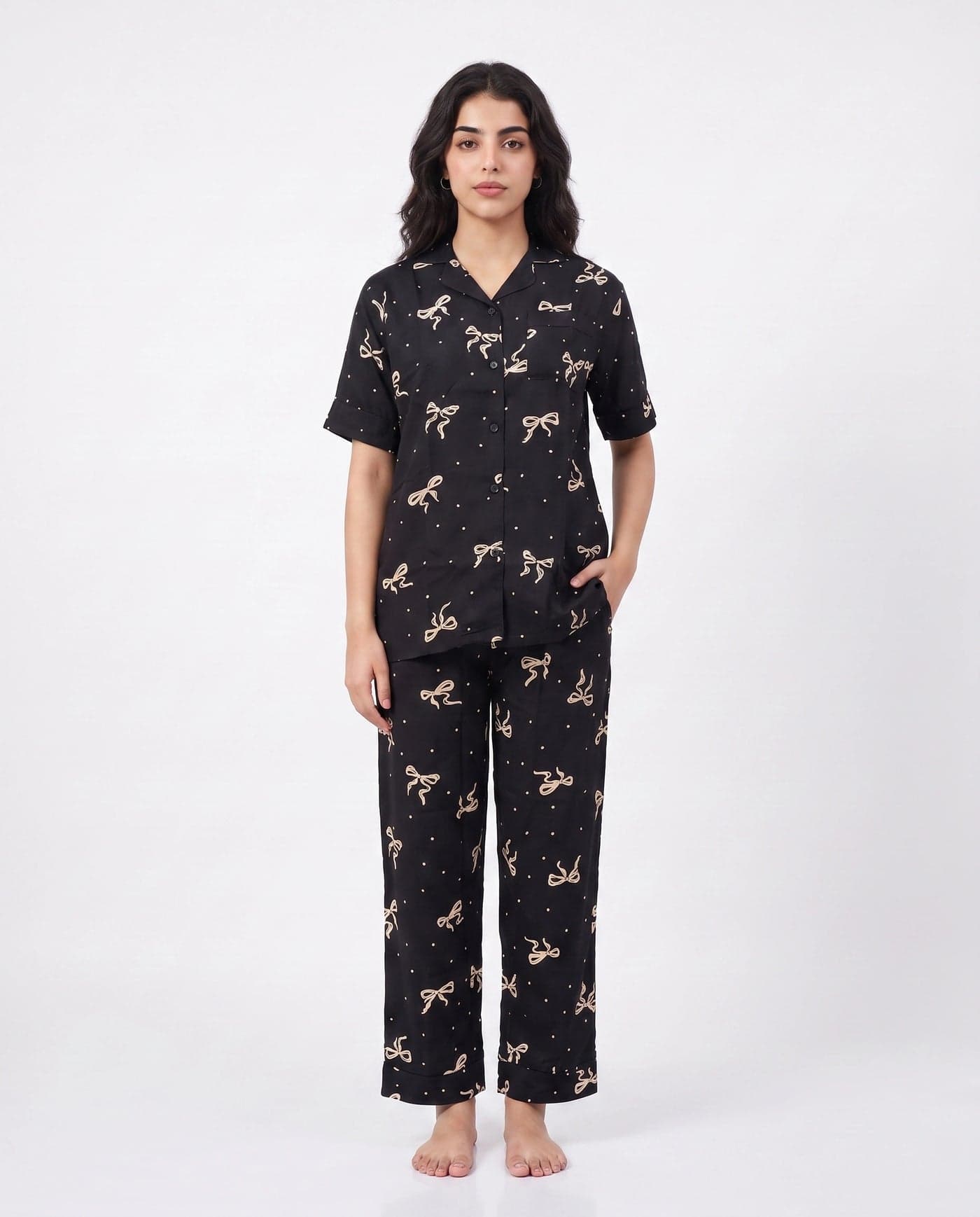 Black and Cream Bow Print Half Sleeve Linen PJ Set for Women - view 8