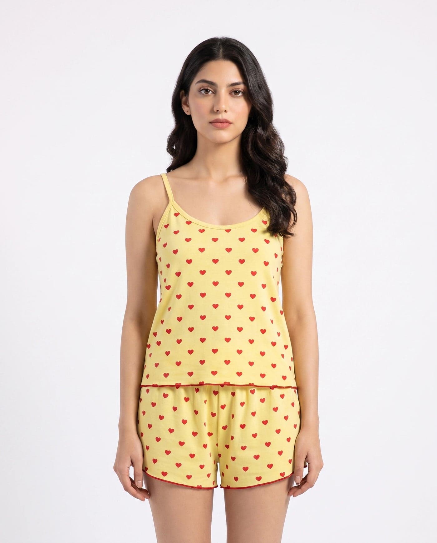 Yellow Heart Print Cotton Cami Set for Women