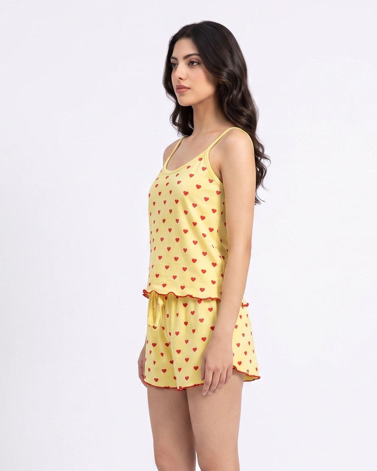 Yellow Heart Print Cotton Cami Set for Women - view 2
