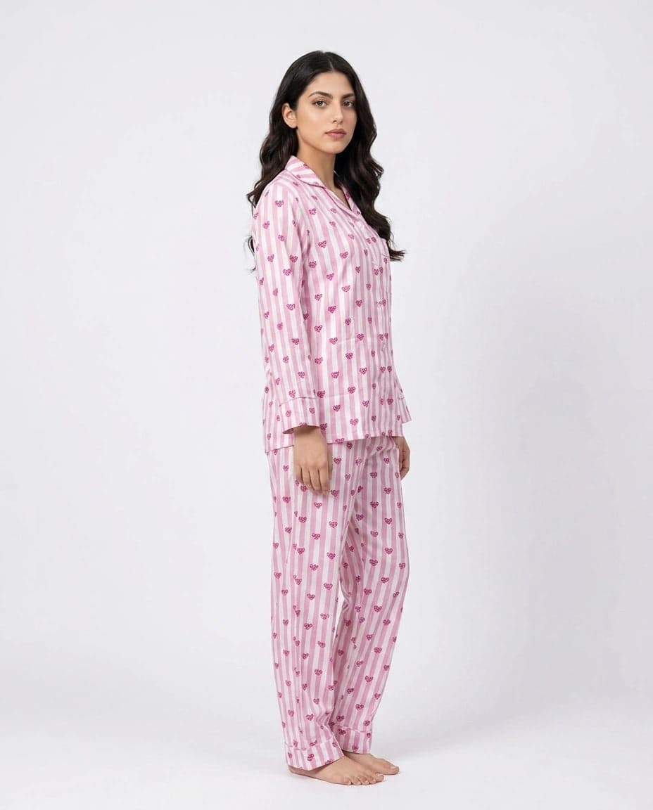 Pink Heart Striped Linen PJ Set for Women - view 2