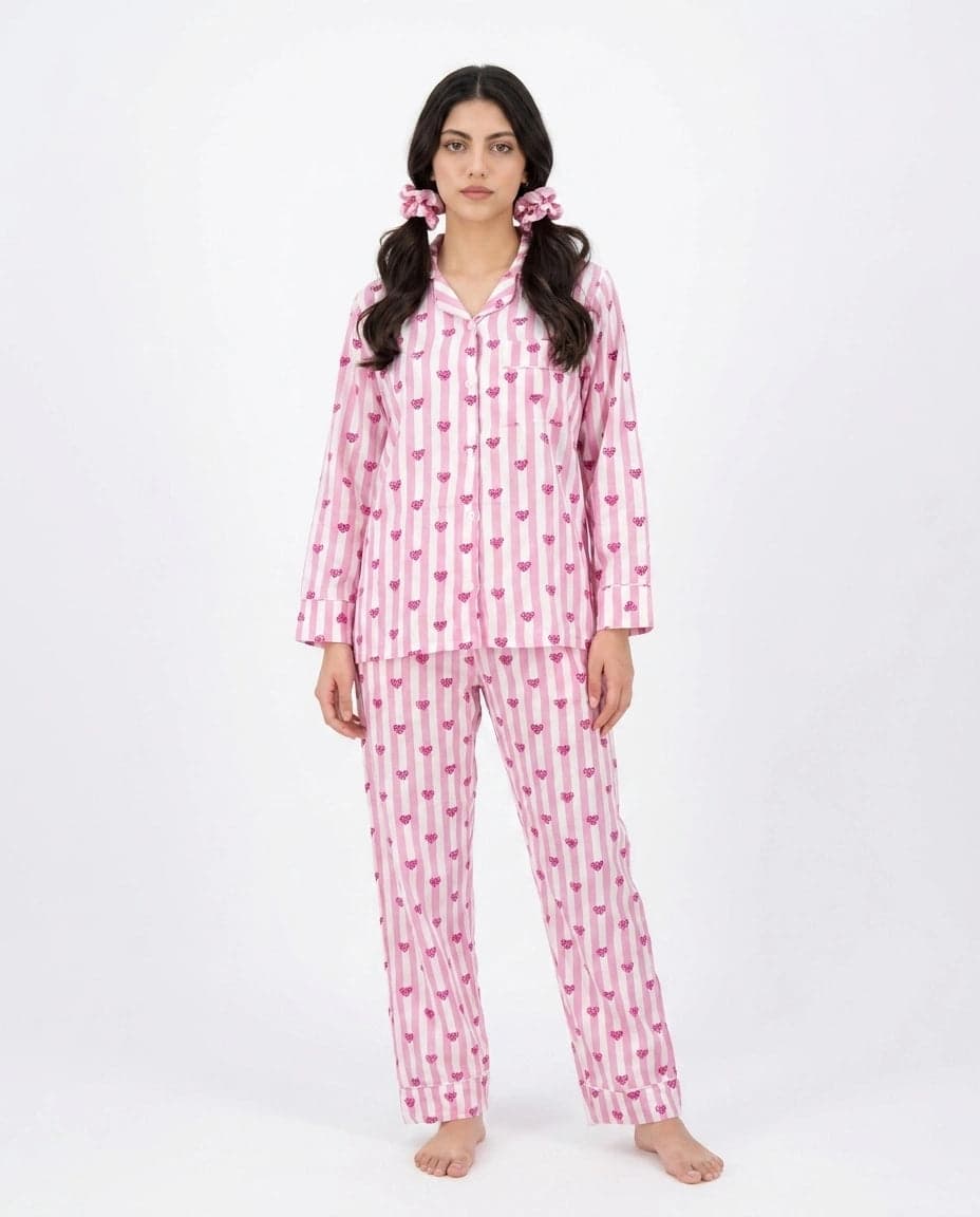 Pink Heart Striped Linen PJ Set for Women - view 3