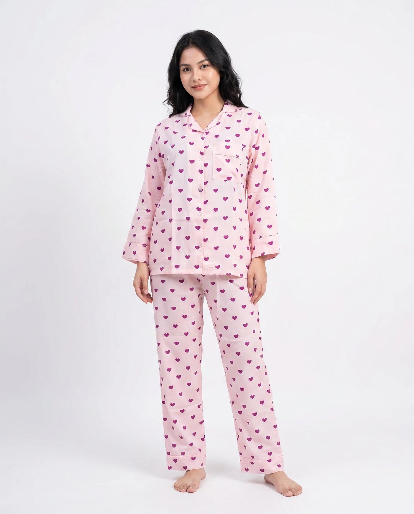 Baby Pink Heart Print Linen PJ Set for Women - view 2
