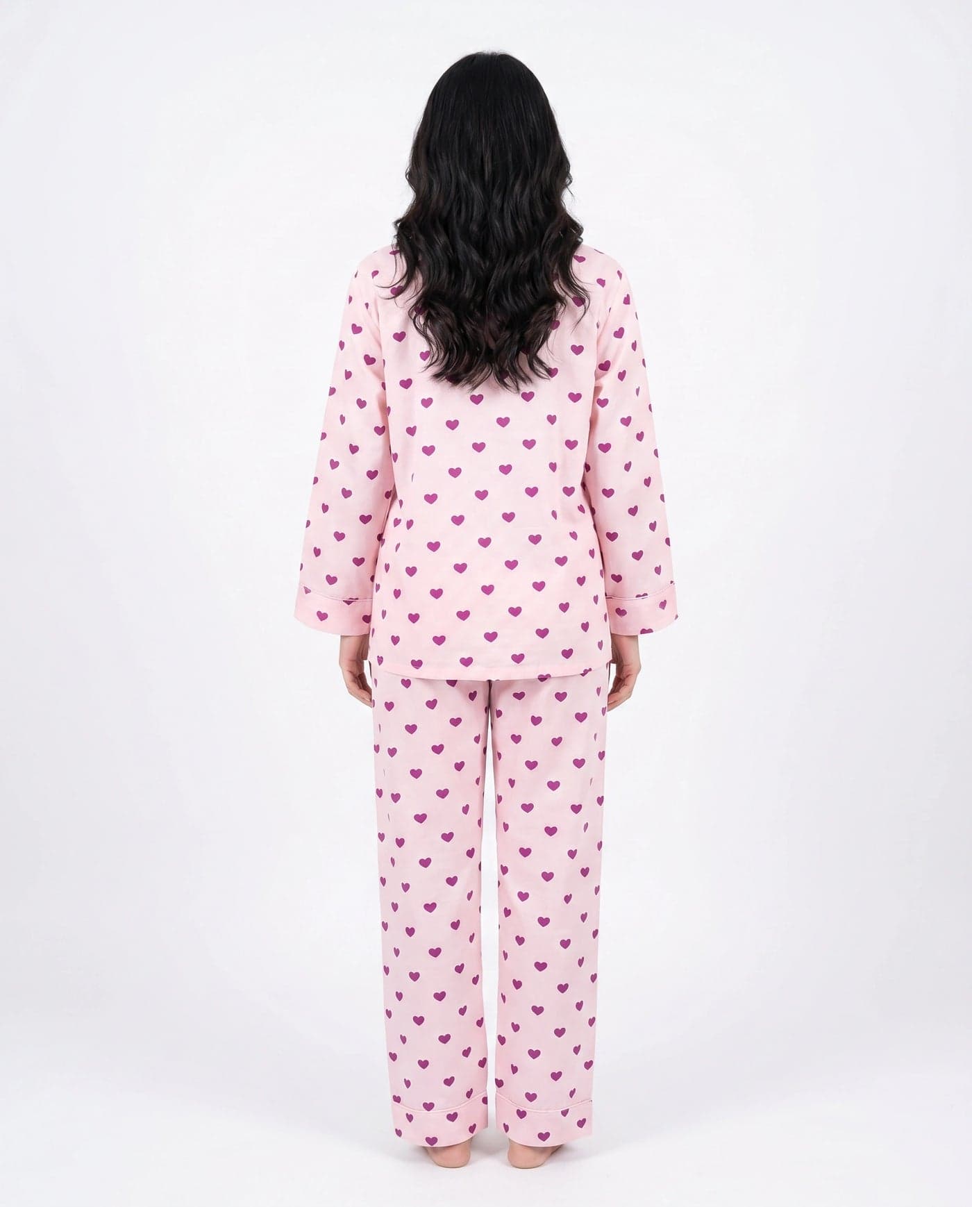 Baby Pink Heart Print Linen PJ Set for Women - view 3