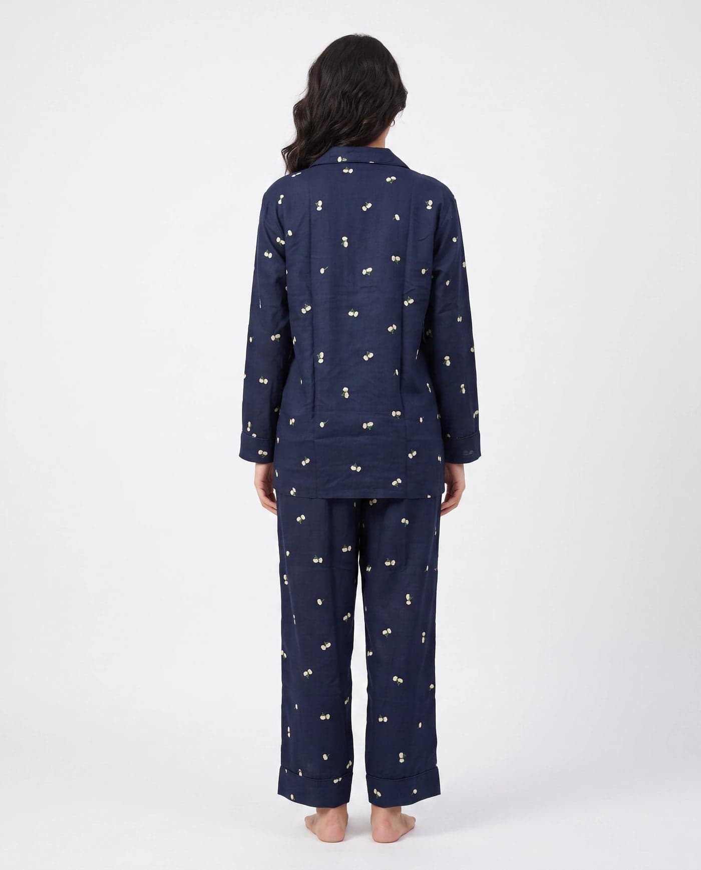 Navy Blue and White Floral Full Sleeve Linen PJ Set for Women - view 2