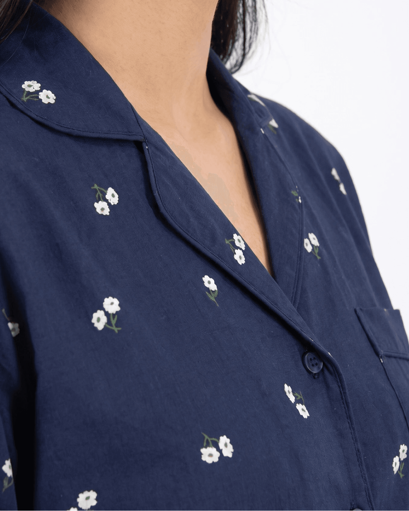 Navy Blue and White Floral Full Sleeve Linen PJ Set for Women - view 3