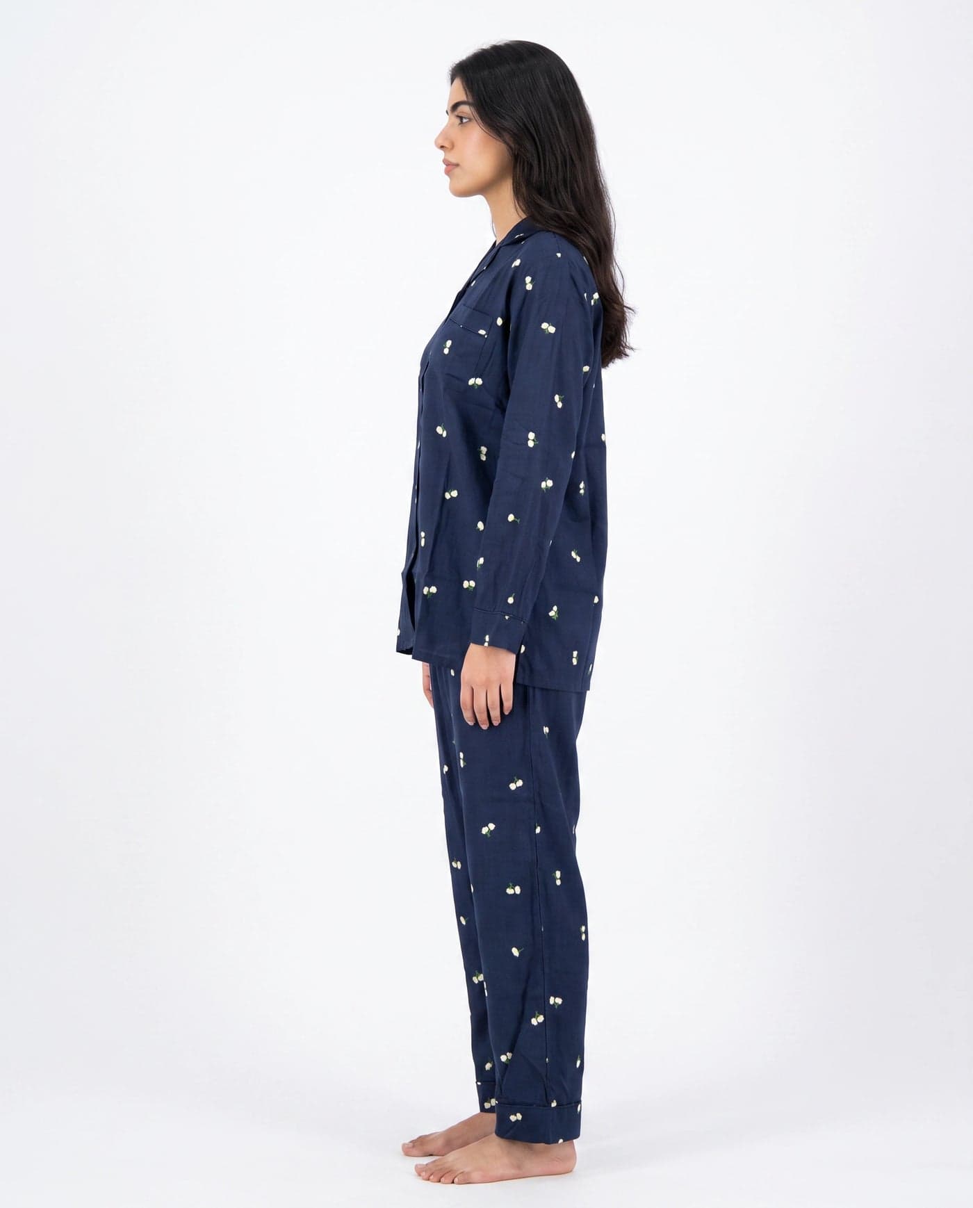 Navy Blue and White Floral Full Sleeve Linen PJ Set for Women - view 6
