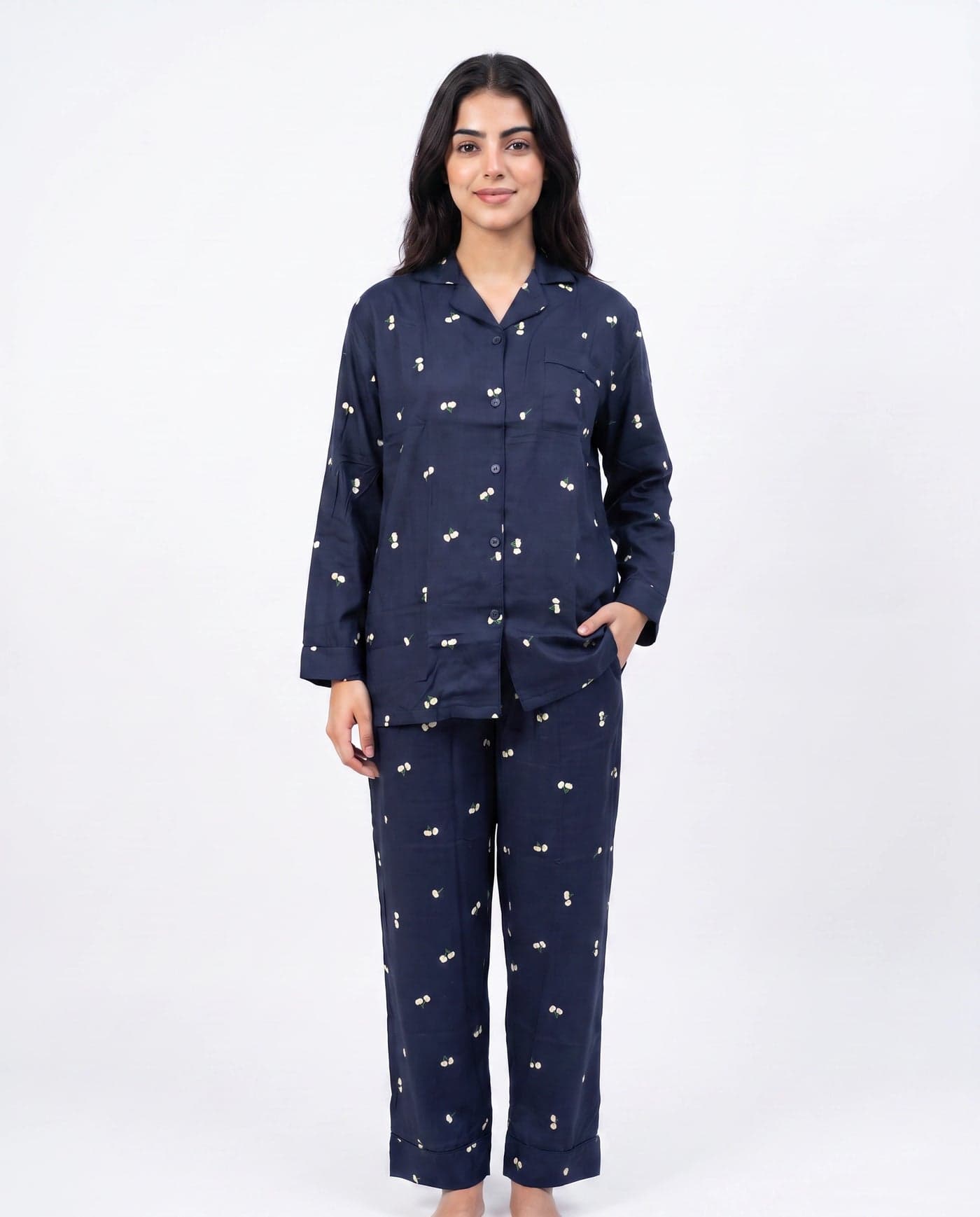Navy Blue and White Floral Full Sleeve Linen PJ Set for Women - view 8
