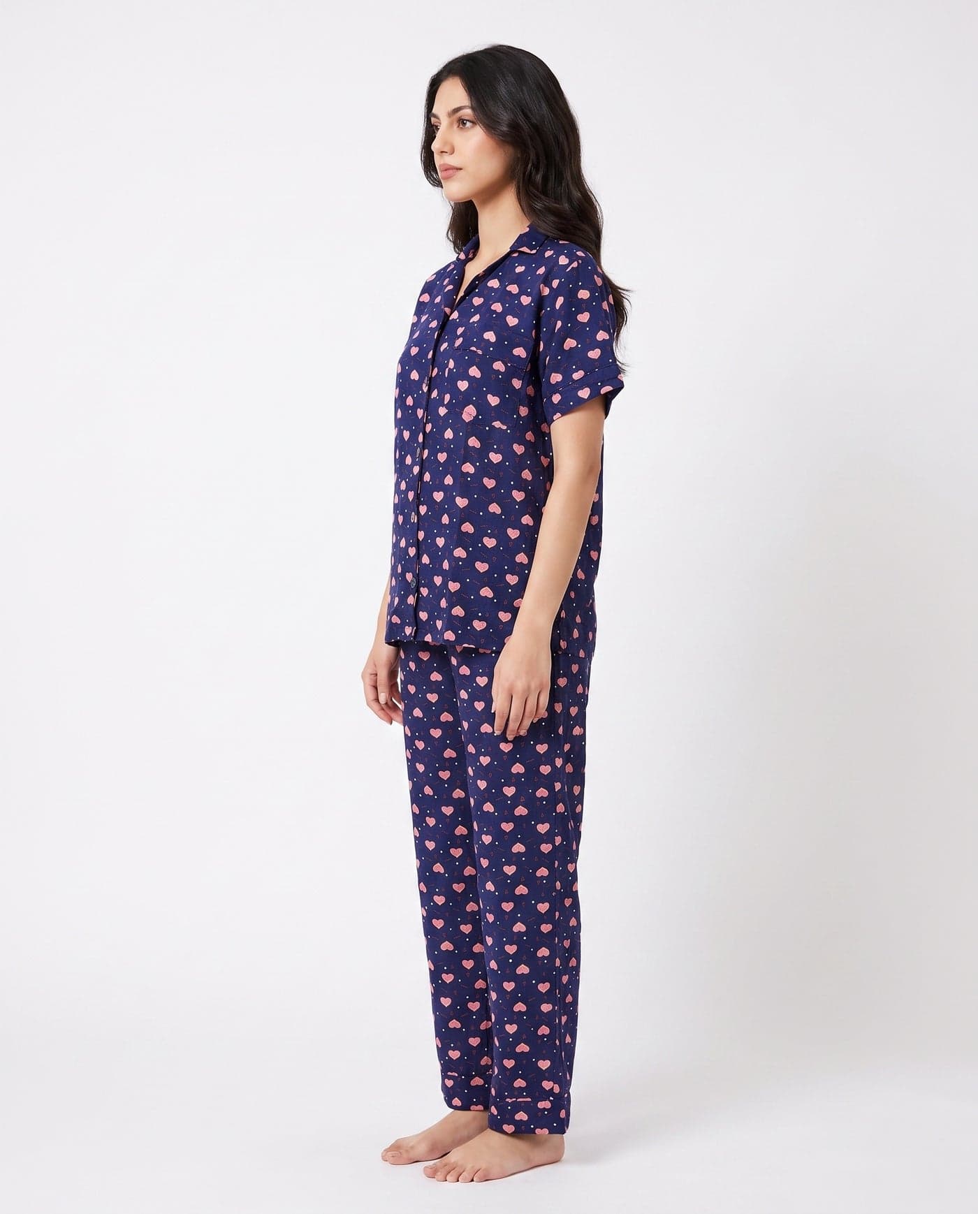 Navy Blue Heart Print Half Sleeve Linen PJ Set for Women - view 2