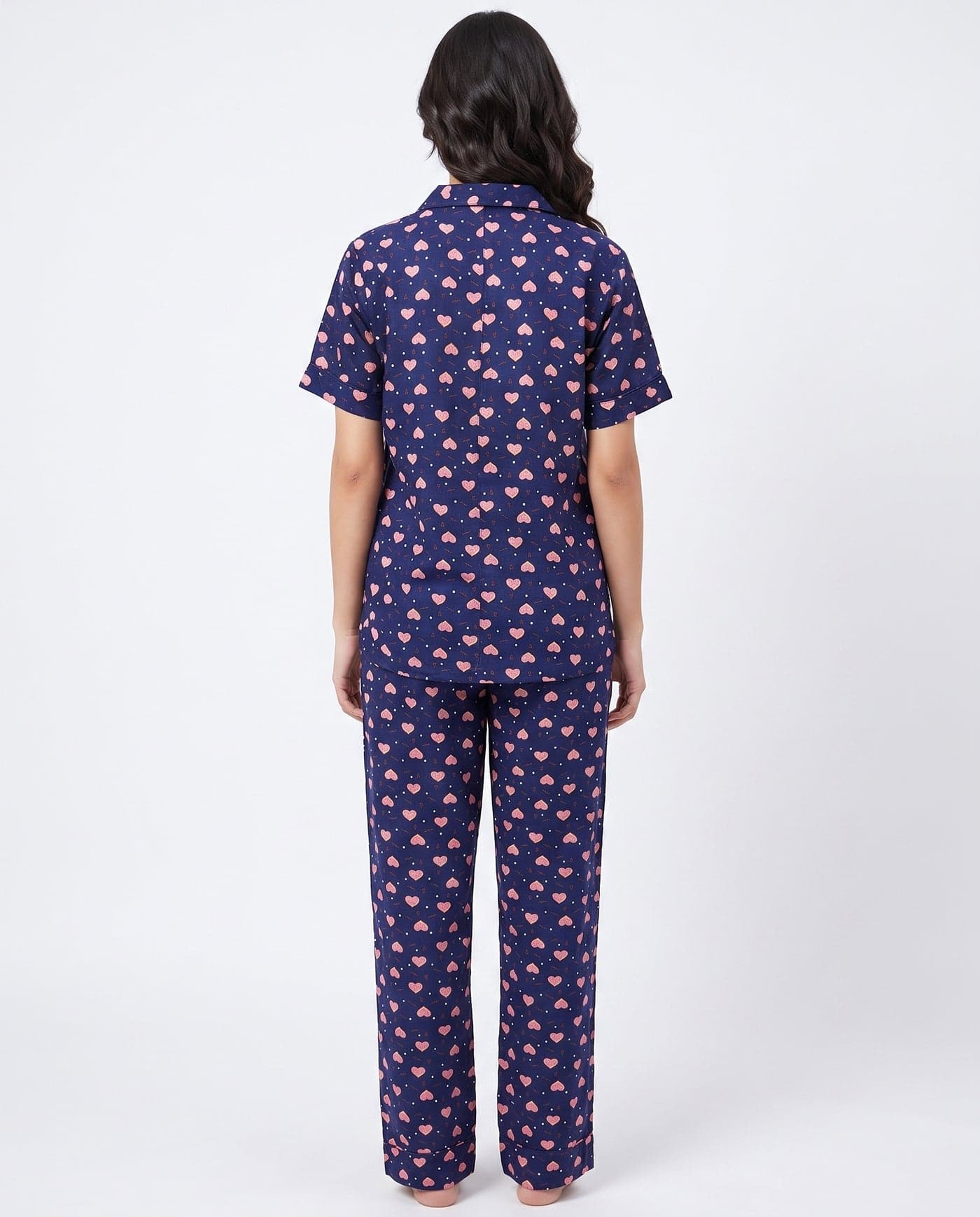 Navy Blue Heart Print Half Sleeve Linen PJ Set for Women - view 3