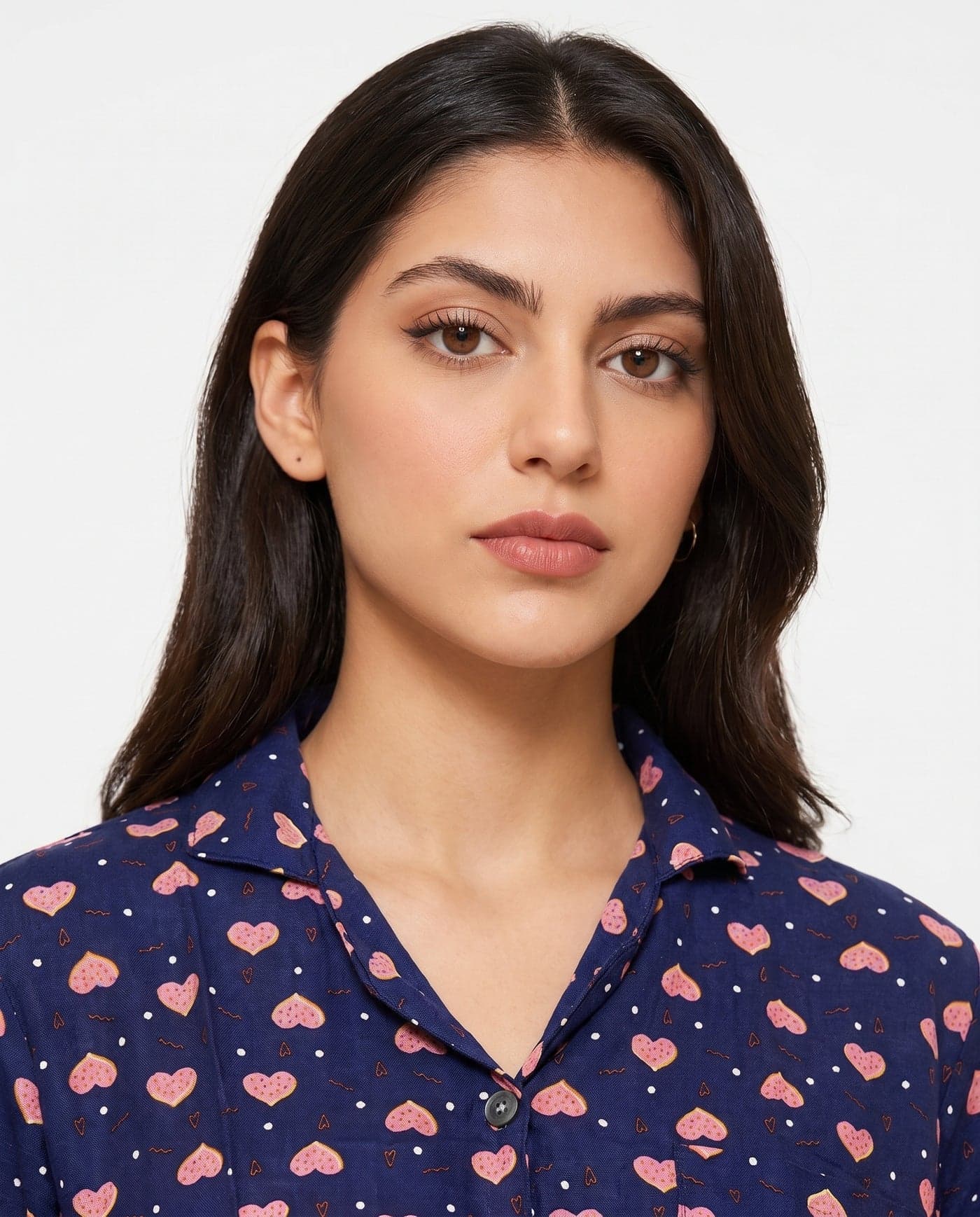 Navy Blue Heart Print Half Sleeve Linen PJ Set for Women - view 4