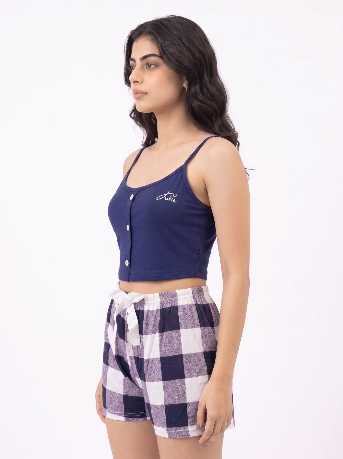 Navy Blue and Lilac Check Cotton Cami Set for Women - view 2