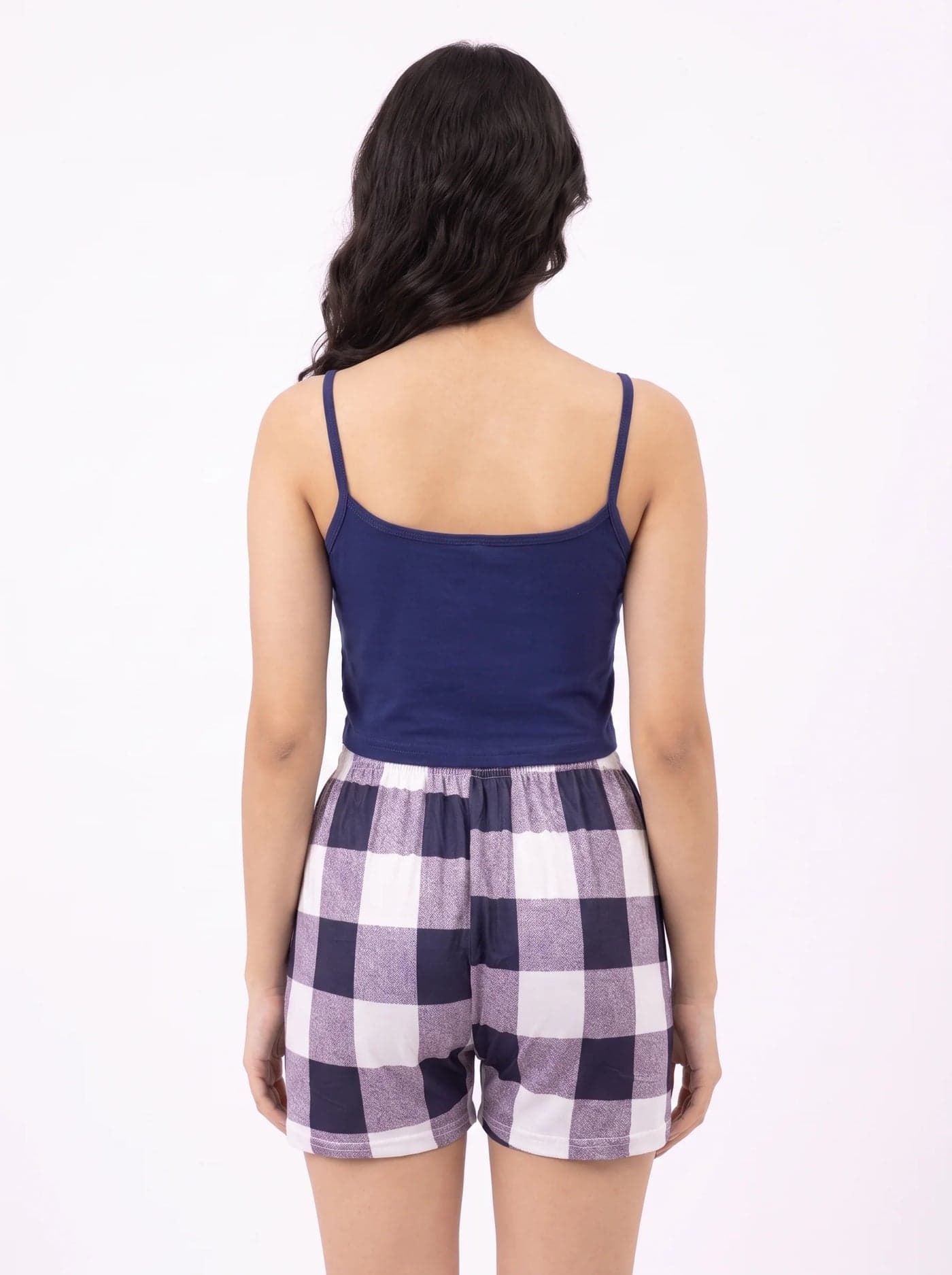 Navy Blue and Lilac Check Cotton Cami Set for Women - view 3