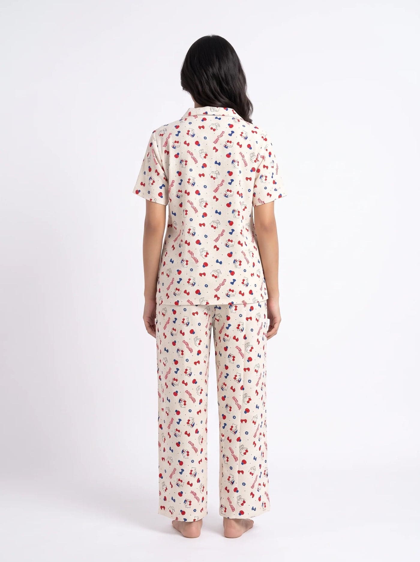 Cream Kitty Print Half Sleeve Crinkled Cotton PJ Set for Women - view 2