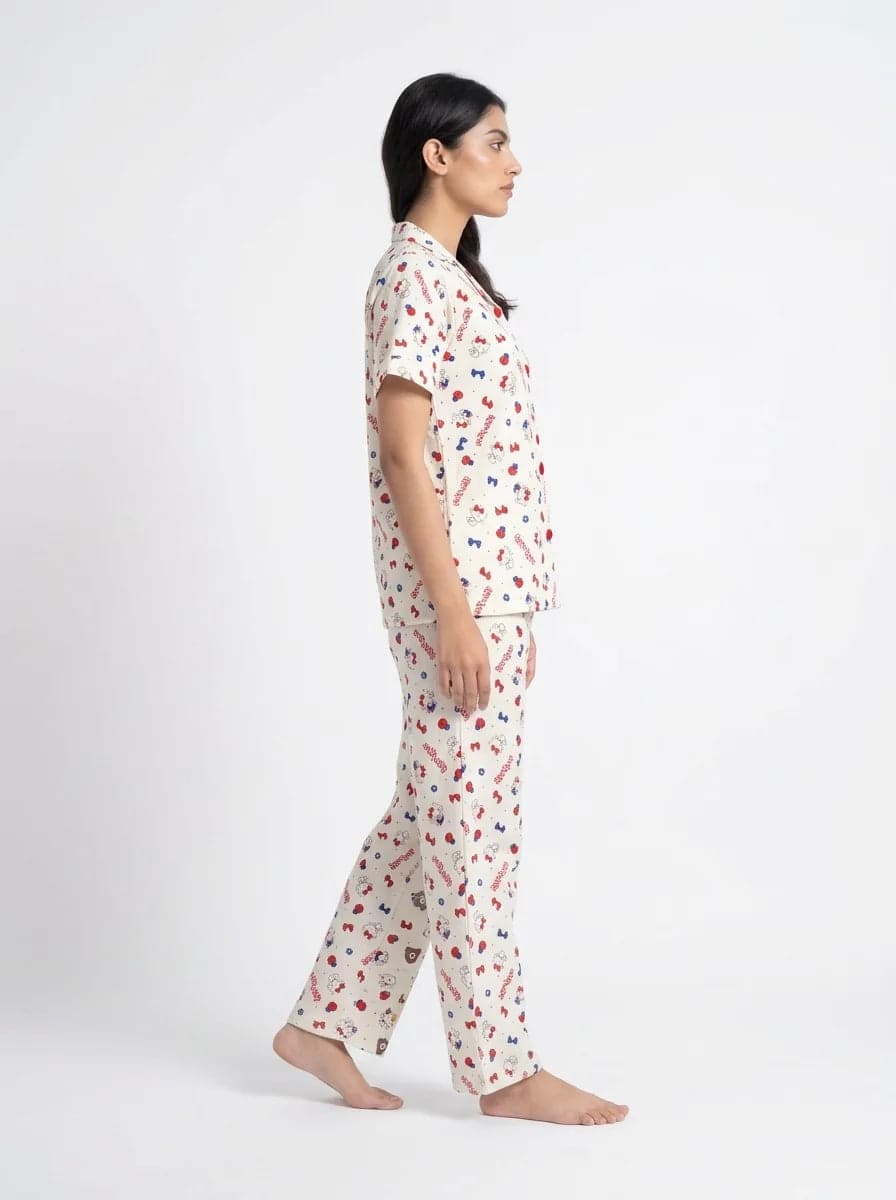 Cream Kitty Print Half Sleeve Crinkled Cotton PJ Set for Women - view 3
