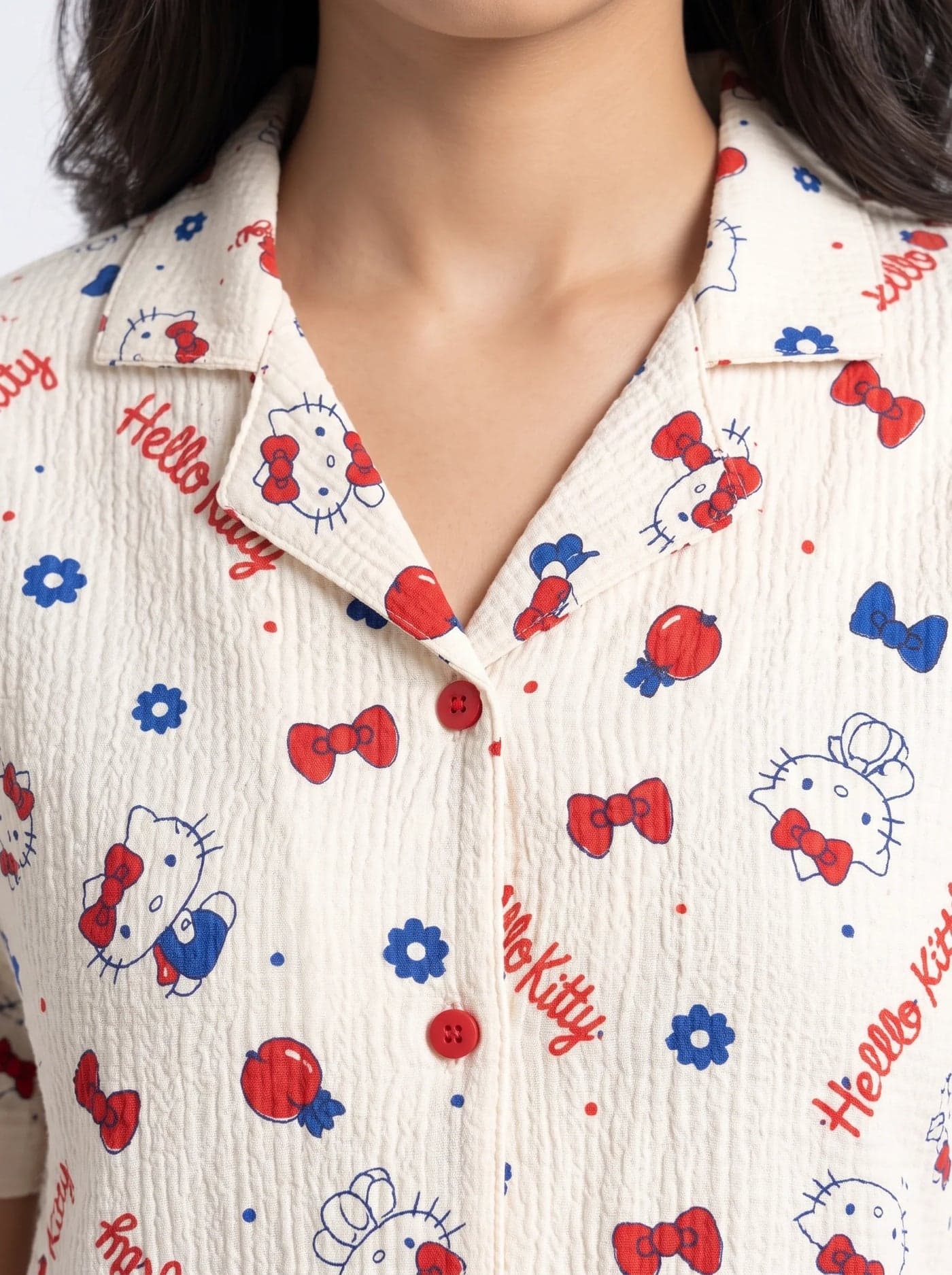 Cream Kitty Print Half Sleeve Crinkled Cotton PJ Set for Women - view 4
