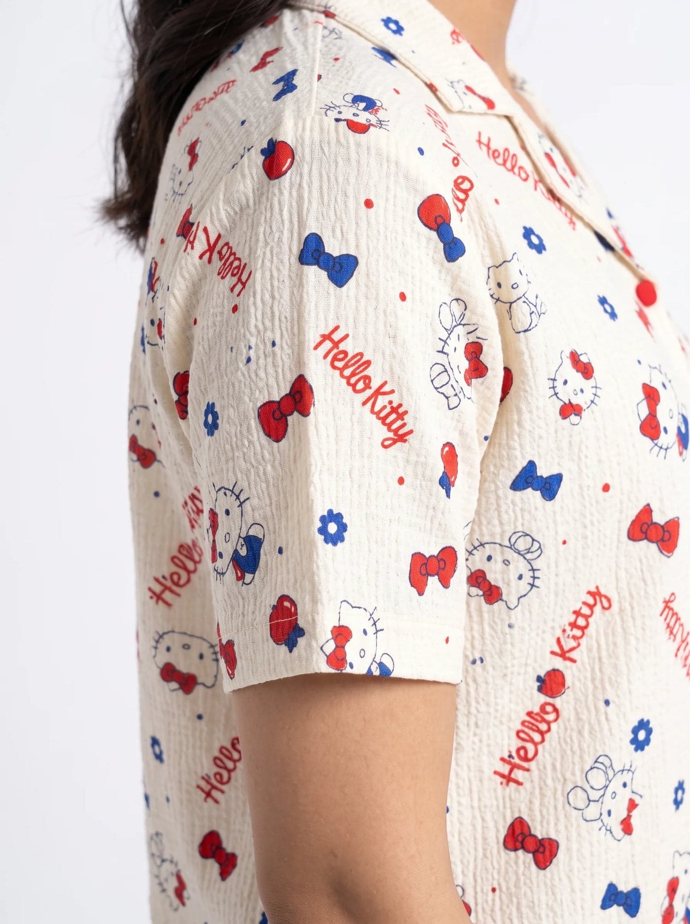 Cream Kitty Print Half Sleeve Crinkled Cotton PJ Set for Women - view 5