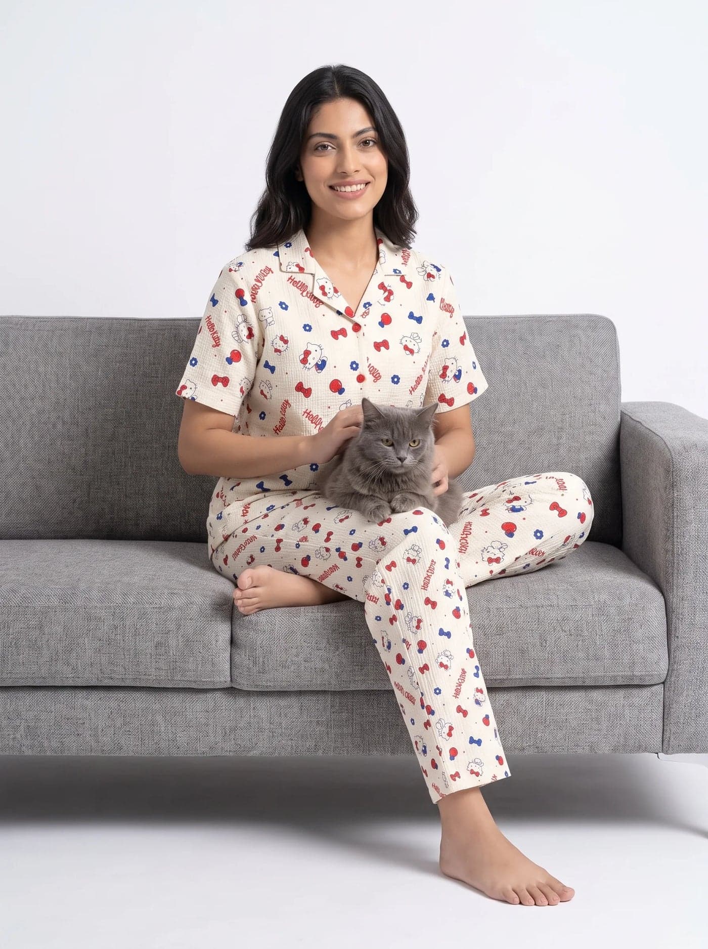 Cream Kitty Print Half Sleeve Crinkled Cotton PJ Set for Women - view 7