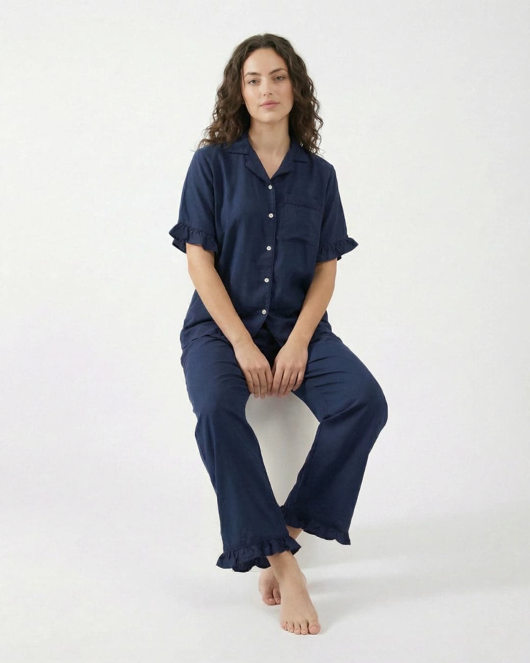 Navy Blue Linen PJ Set for Women - view 3