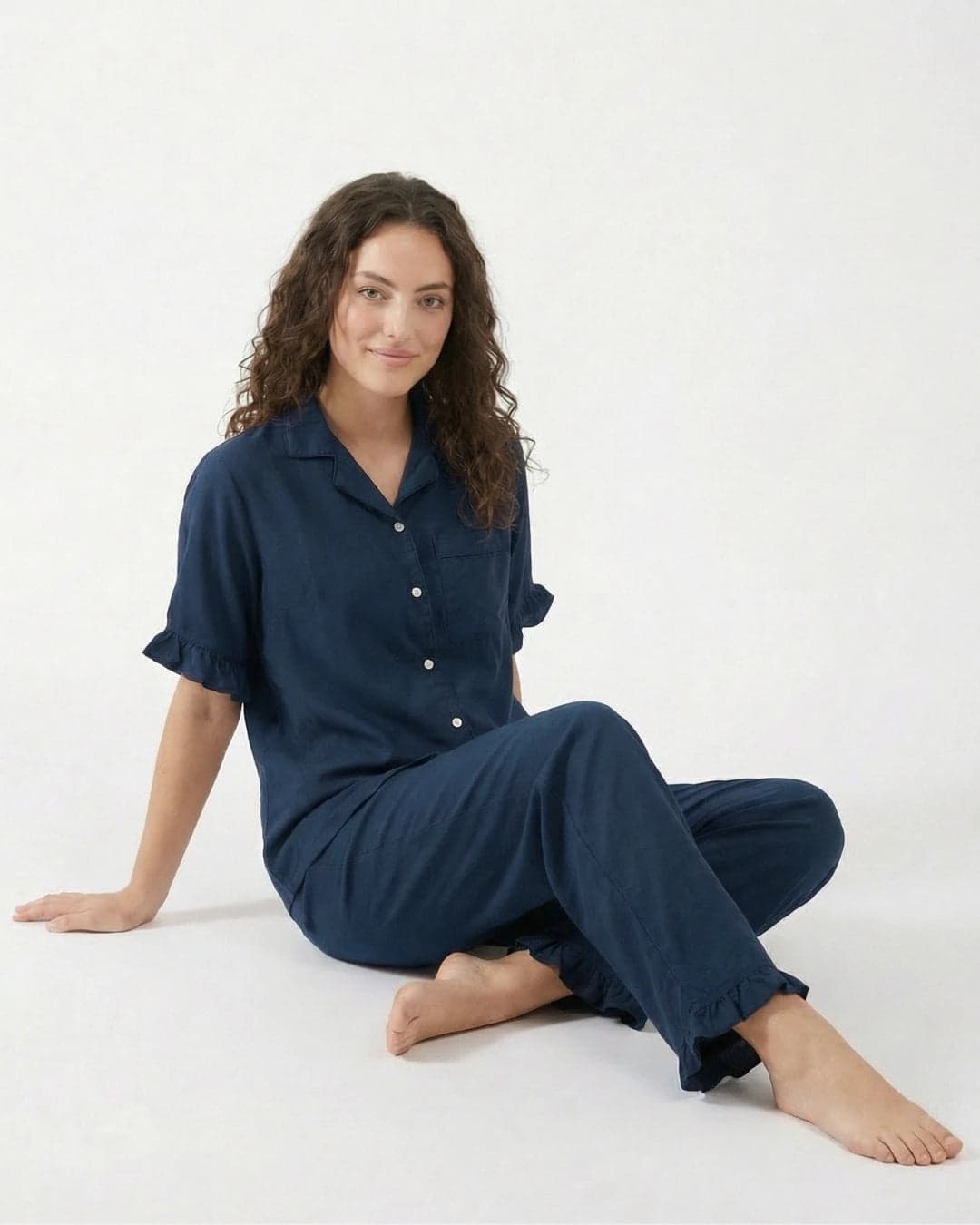 Navy Blue Linen PJ Set for Women - view 4