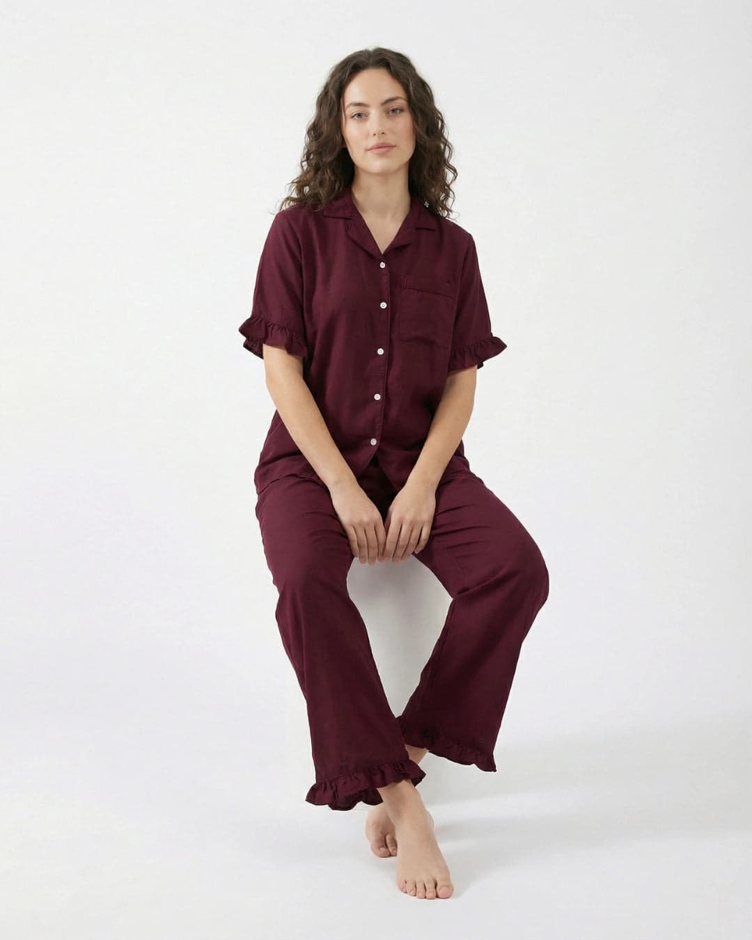 Maroon Linen PJ Set for Women - view 2