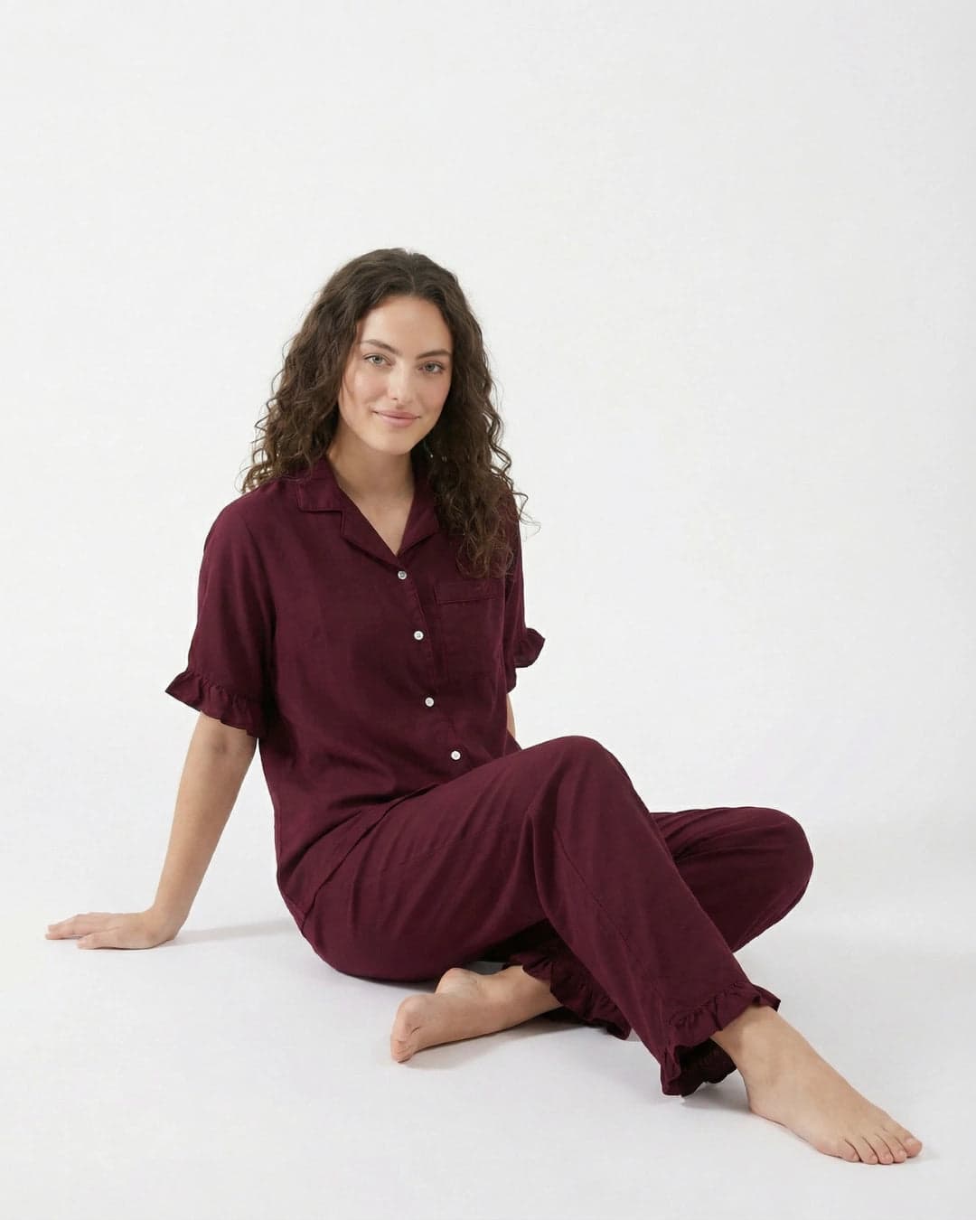 Maroon Linen PJ Set for Women - view 3