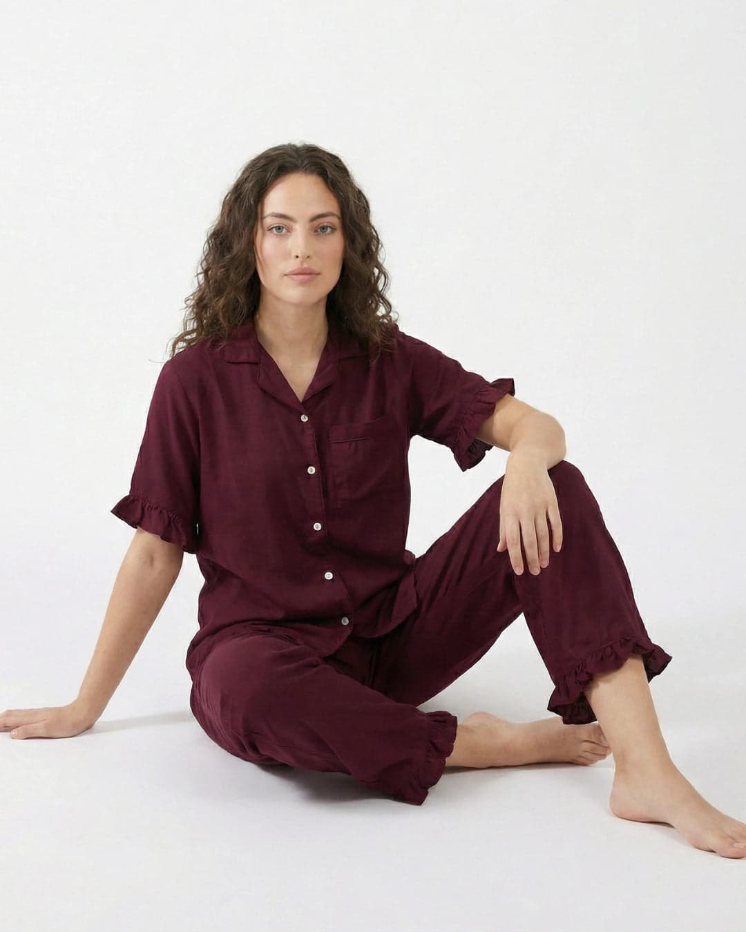 Maroon Linen PJ Set for Women - view 4