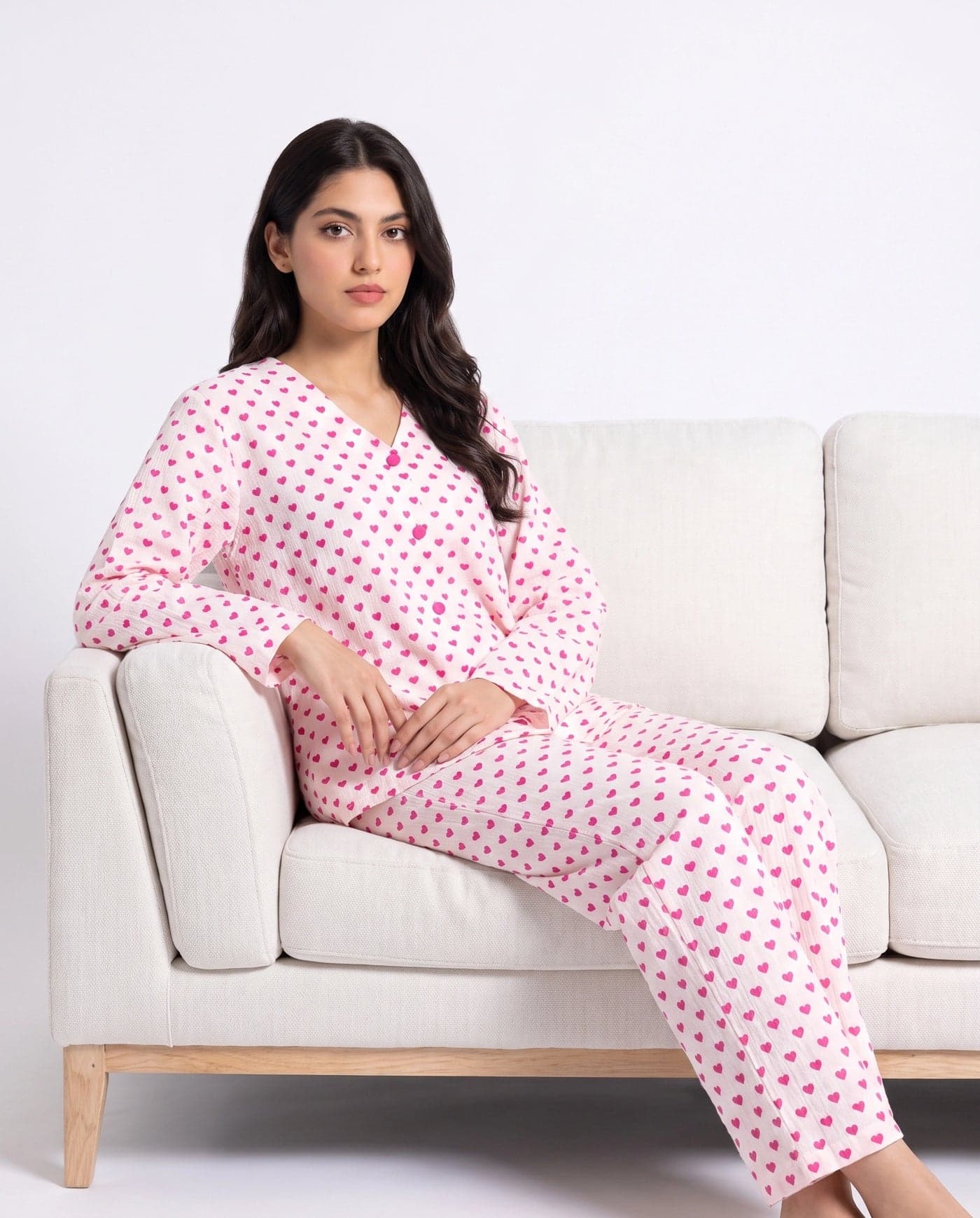 White Heart Print Crinkled Cotton PJ Set for Women - view 10