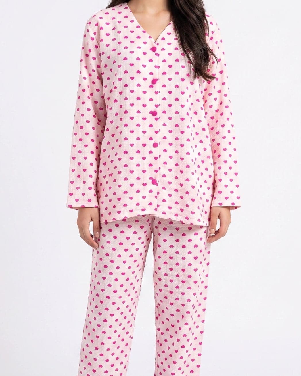 White Heart Print Crinkled Cotton PJ Set for Women - view 2