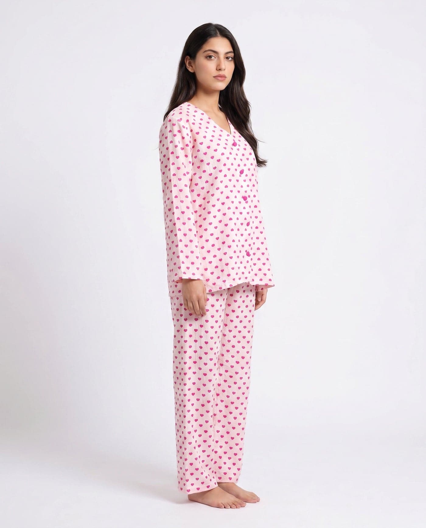 White Heart Print Crinkled Cotton PJ Set for Women - view 3