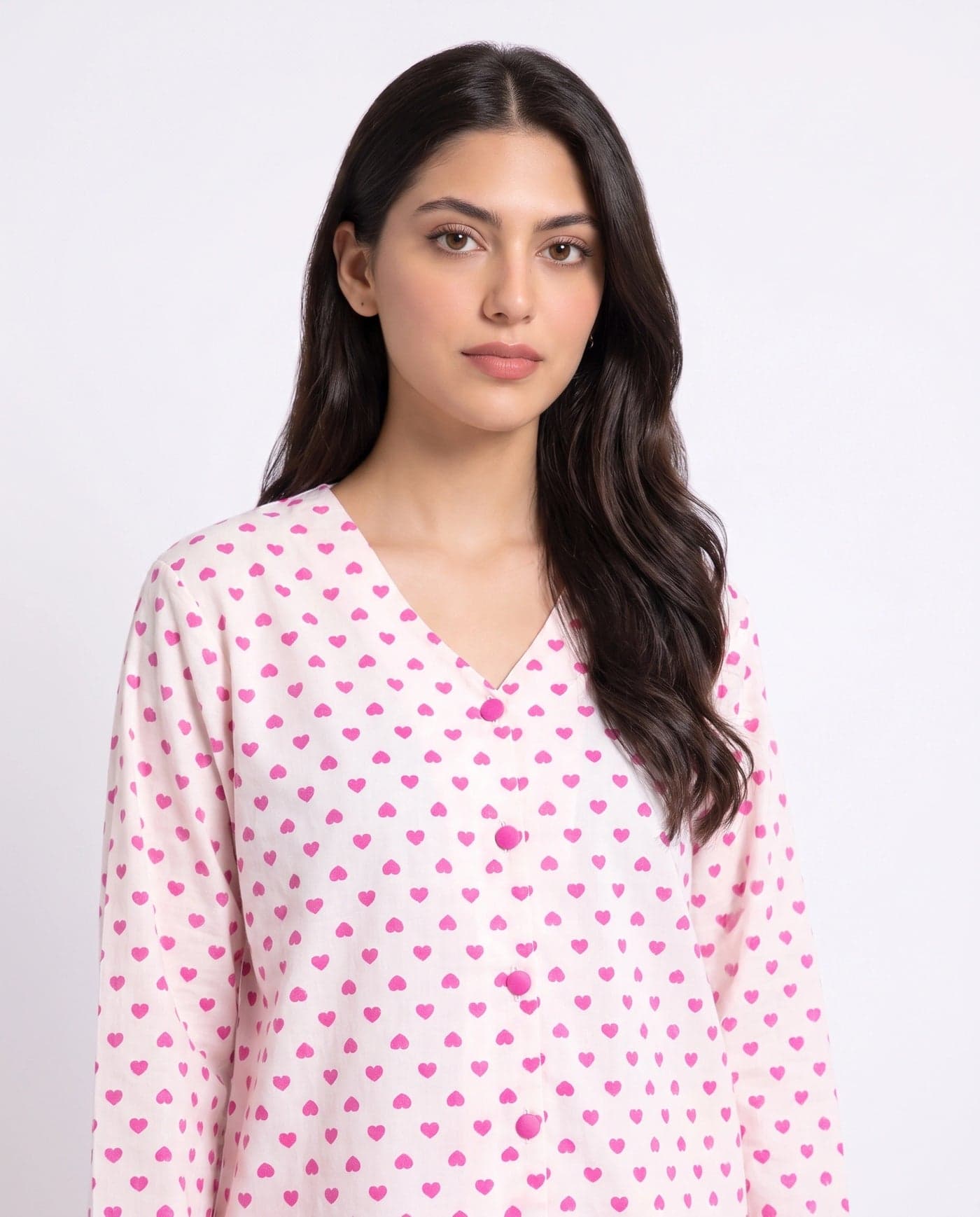 White Heart Print Crinkled Cotton PJ Set for Women - view 5