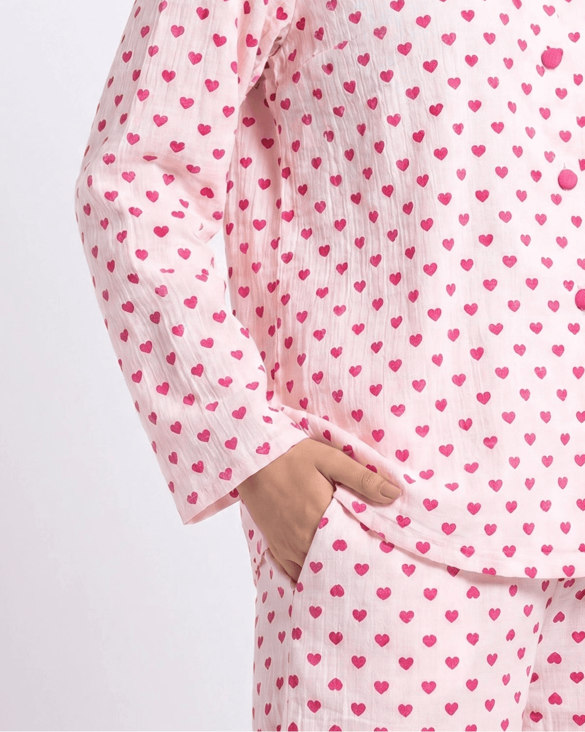 White Heart Print Crinkled Cotton PJ Set for Women - view 7