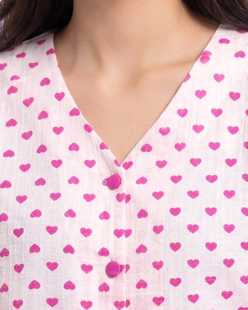 White Heart Print Crinkled Cotton PJ Set for Women - view 9