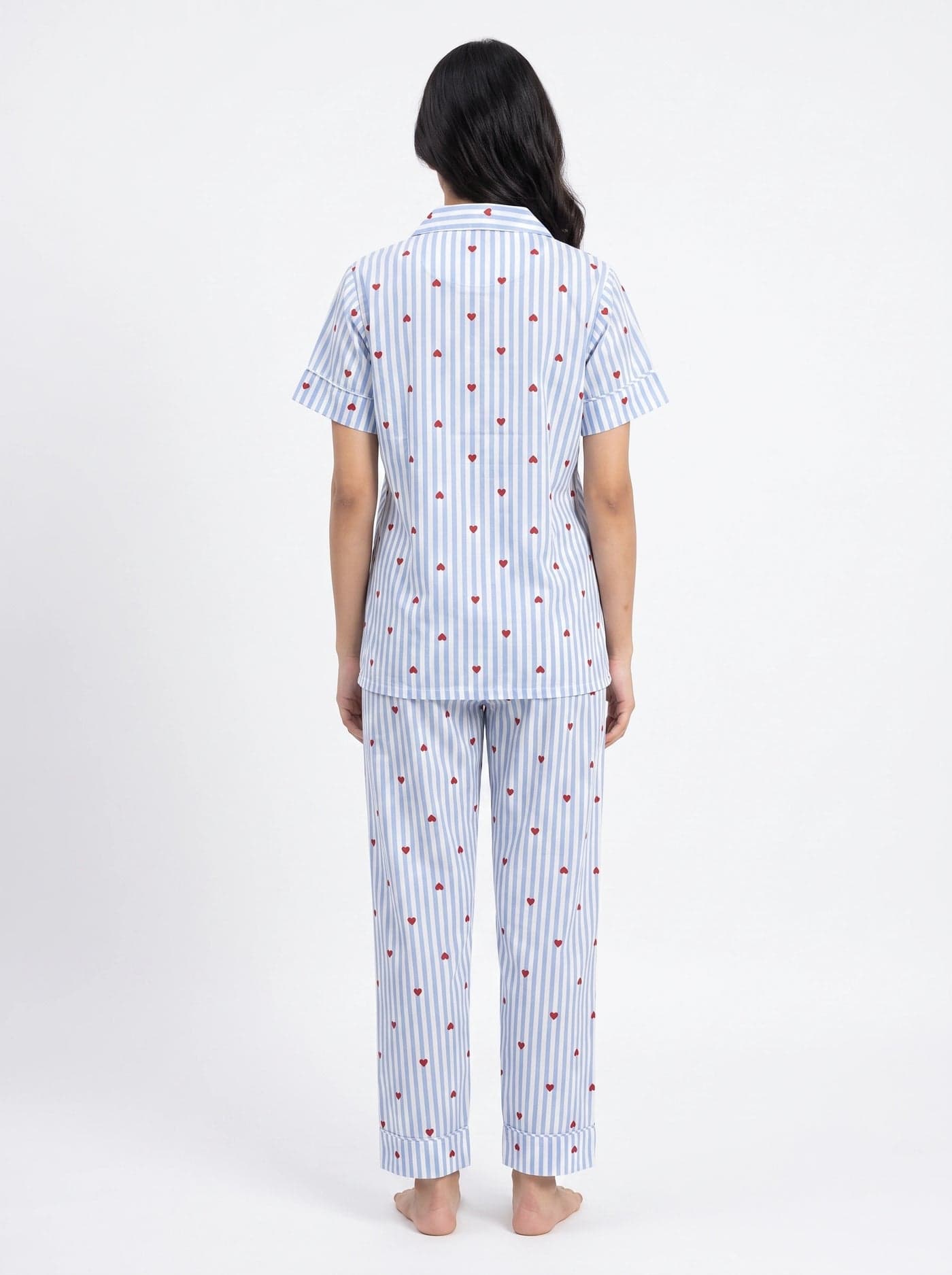 Sky Blue Heart Striped Linen PJ Set for Women - view 2