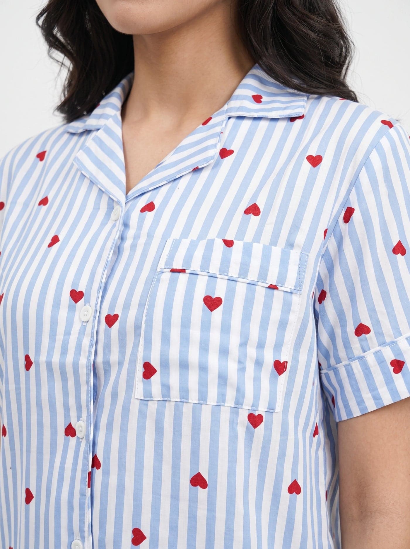Sky Blue Heart Striped Linen PJ Set for Women - view 3