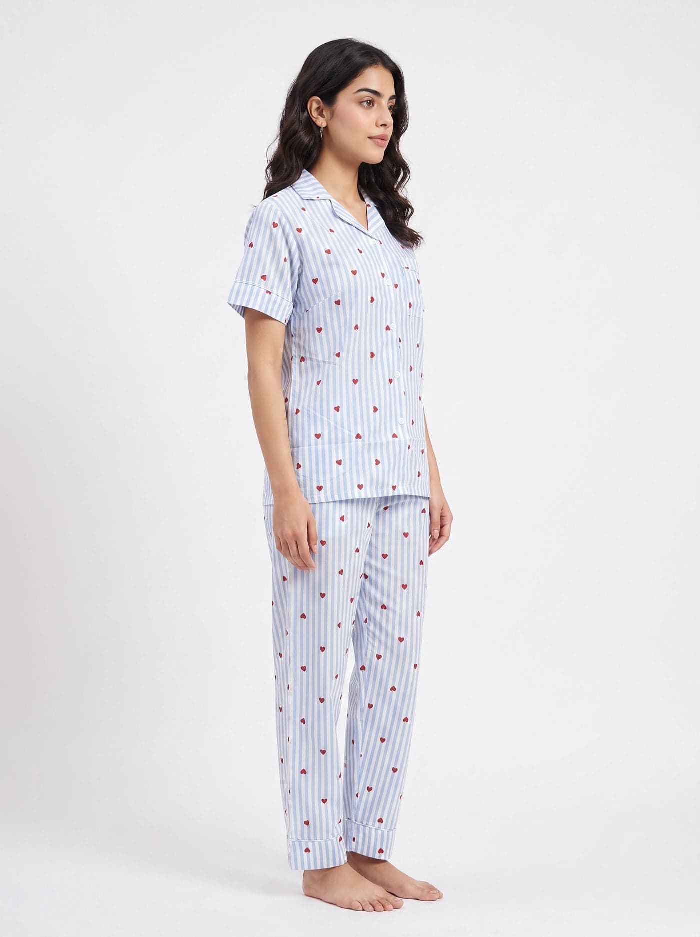 Sky Blue Heart Striped Linen PJ Set for Women - view 5