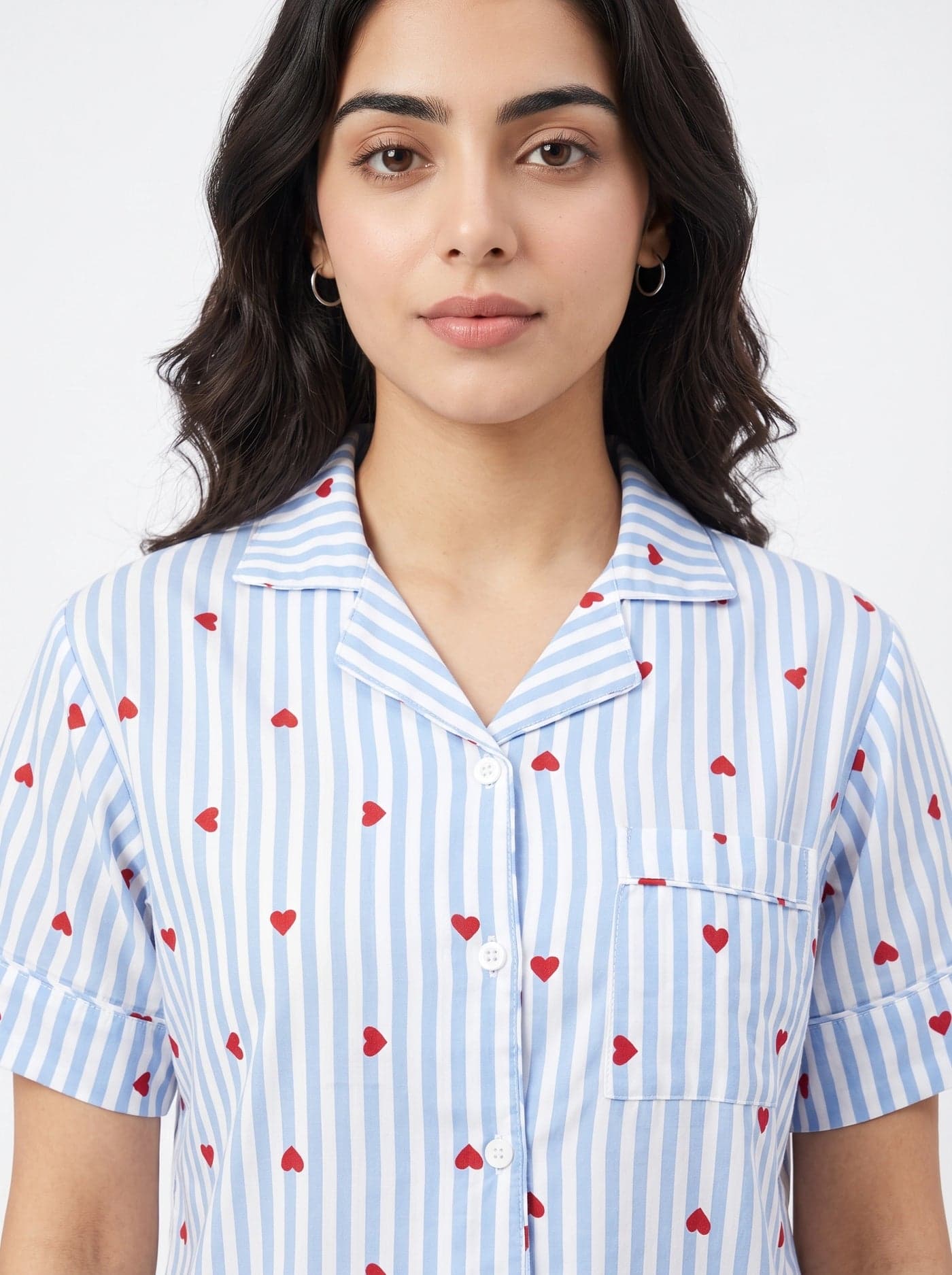 Sky Blue Heart Striped Linen PJ Set for Women - view 7
